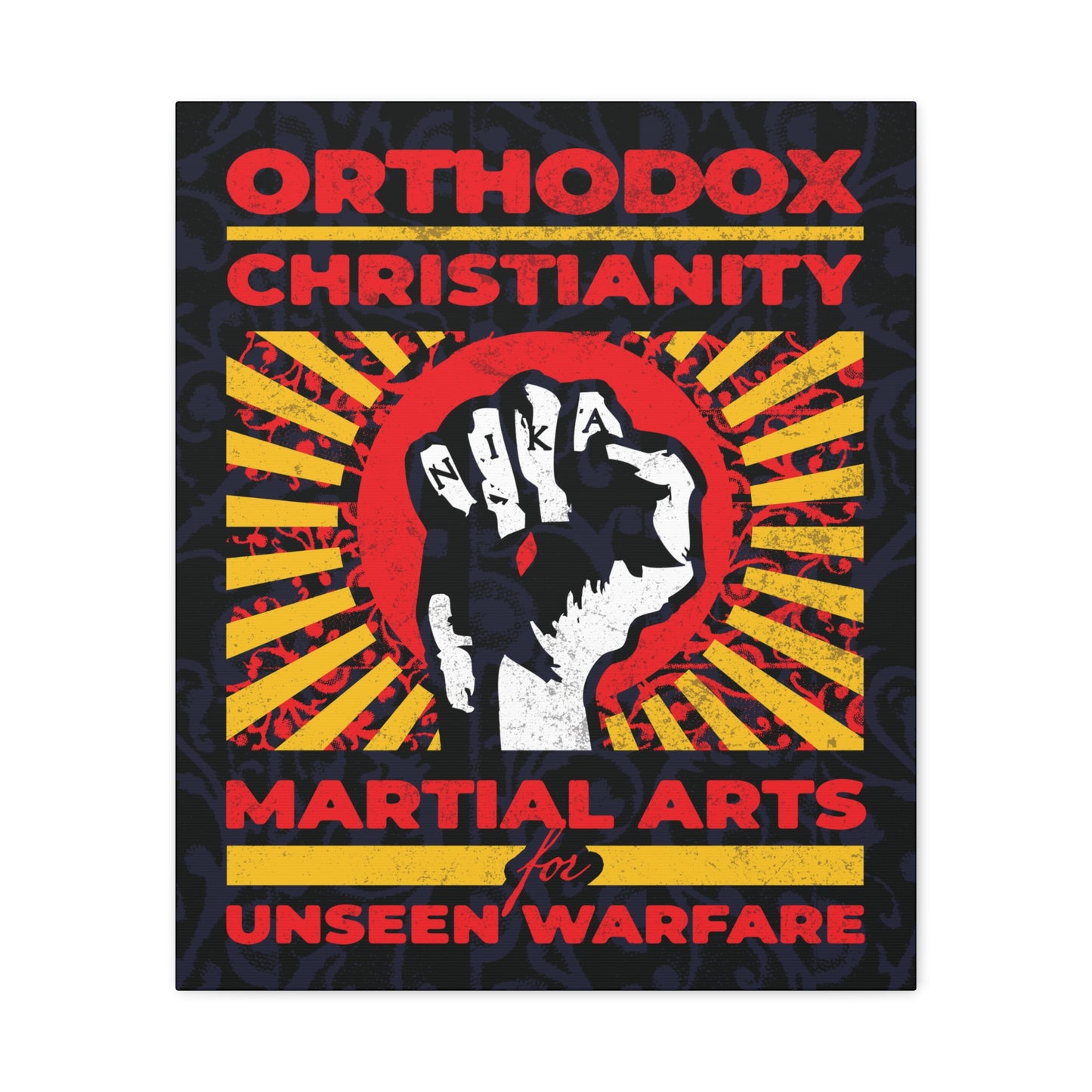 Orthodox Christianity: Martial Arts for Unseen Warfare | NIKA Jesus Fist on Colorful Sunburst Design | Orthodox Christian Canvas Art