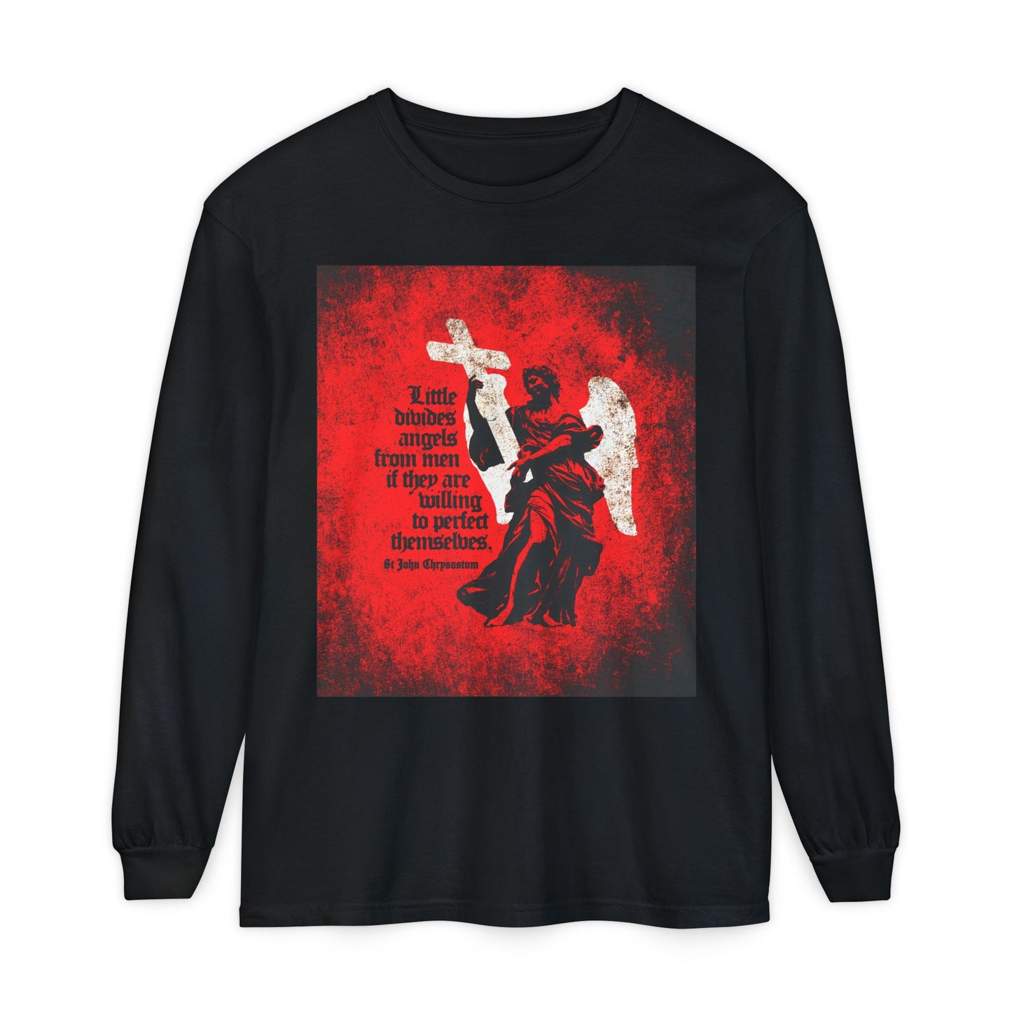 Little Divides Angels from Men | Christian Perfection | St John Chrysostom | Textured Cemetery Angel | Orthodox Christian Long Sleeve Shirt