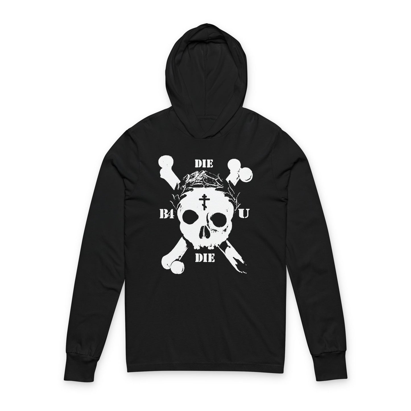 The Die Before You Die | Retro Skull & Crossbones Orthodox Christian hoodie in black features a white skull, crossbones, Orthodox cross, laurel wreath, and "DIE BEFORE YOU DIE" text—Memento Mori inspired by Matthew 16:24-25.