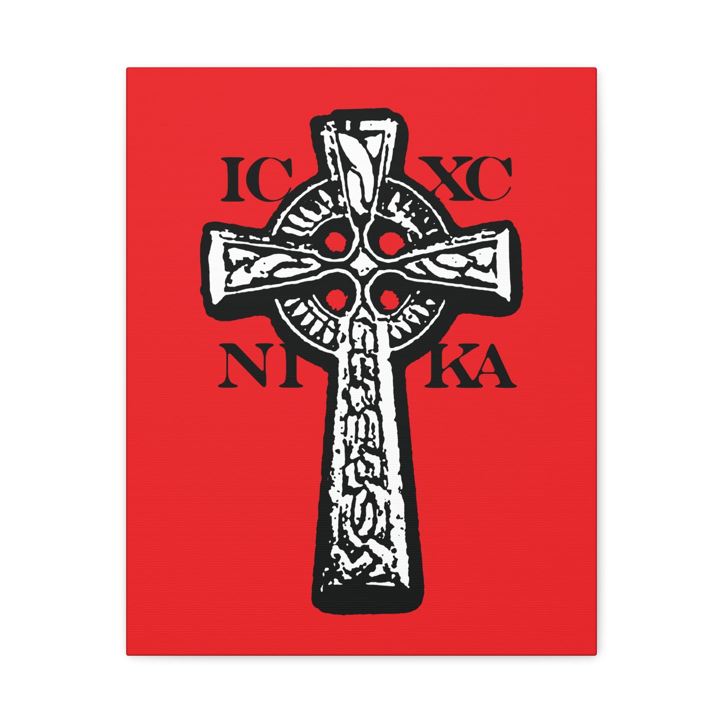 The ICXC NIKA Celtic Knotwork Cross features black and white design on a red background with Greek letters, symbolizing Jesus Christ conquers, and is a traditional Orthodox Christian wall art.