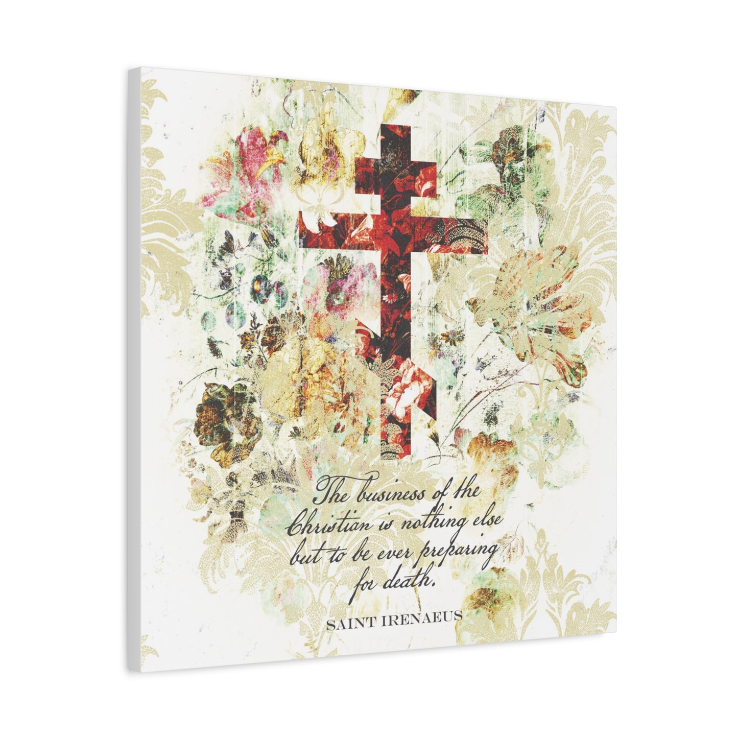 Preparing For Death | White & Beige Floral Scrapbook Texture Cross | Arts & Crafts Style | St Irenaeus | Orthodox Christian Canvas Art