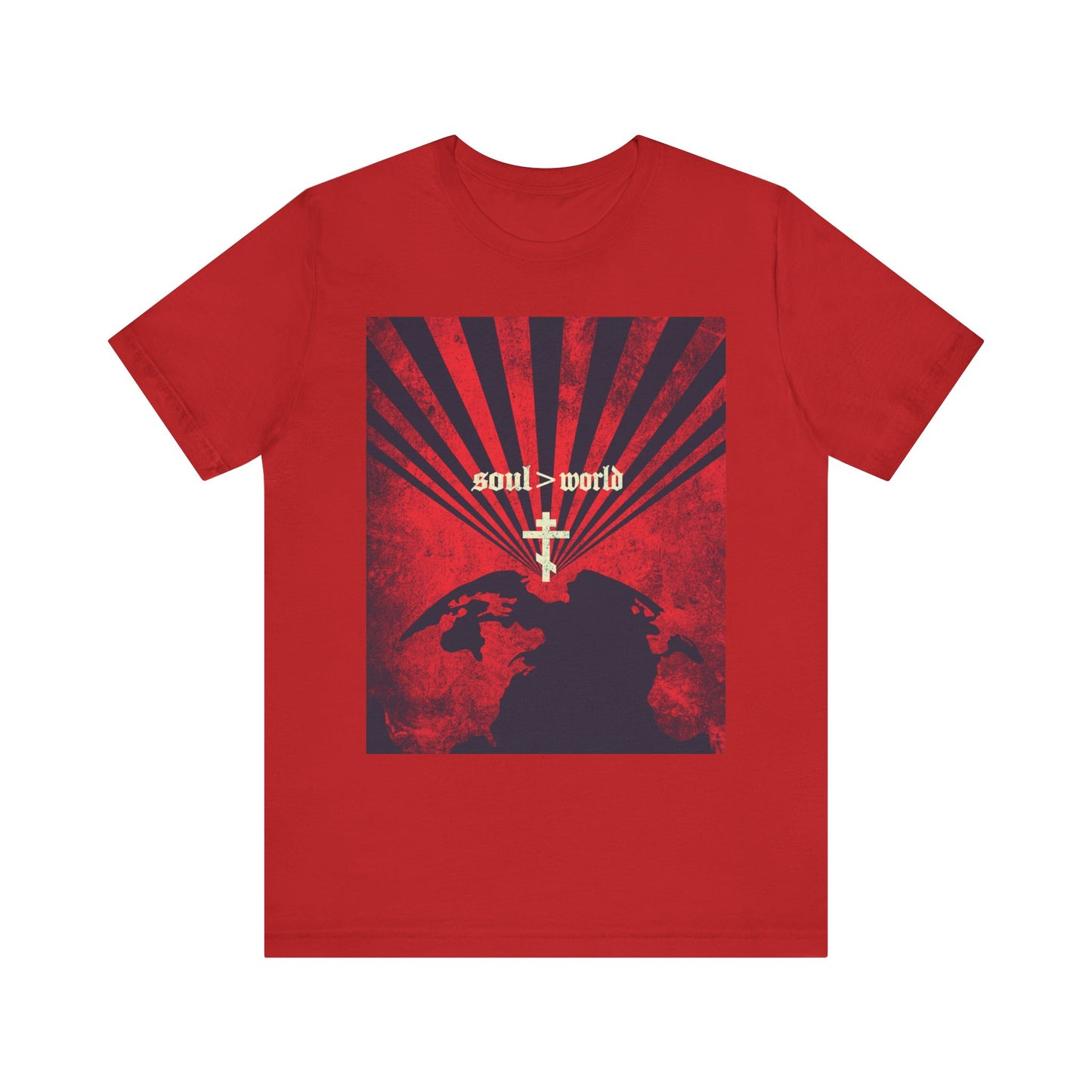 Introducing the "What Shall it Profit a Man | Matthew 16:26" unisex tee—a red, lightweight cotton shirt featuring the “Soul Is Greater Than World” text, a globe, radiant rays, and a white cross on the chest. Inspired by Jesus’ teaching in Matthew 16:26 about the value of one’s soul over worldly gain.