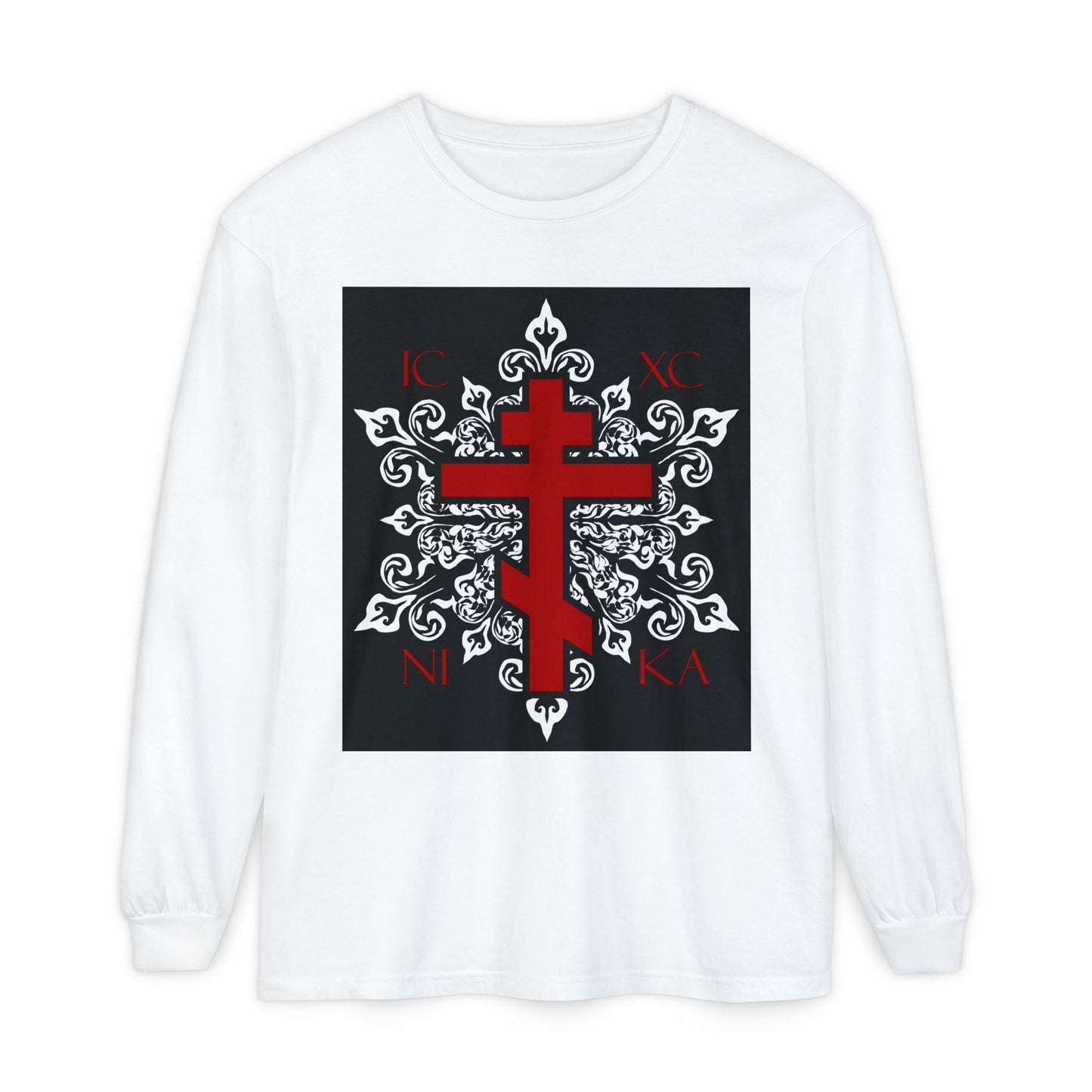 ICXC / NIKA Red Orthodox Cross on Ornate White Medieval Floral Design | Exclusive Best-Selling | Orthodox Christian Long Sleeve Shirt