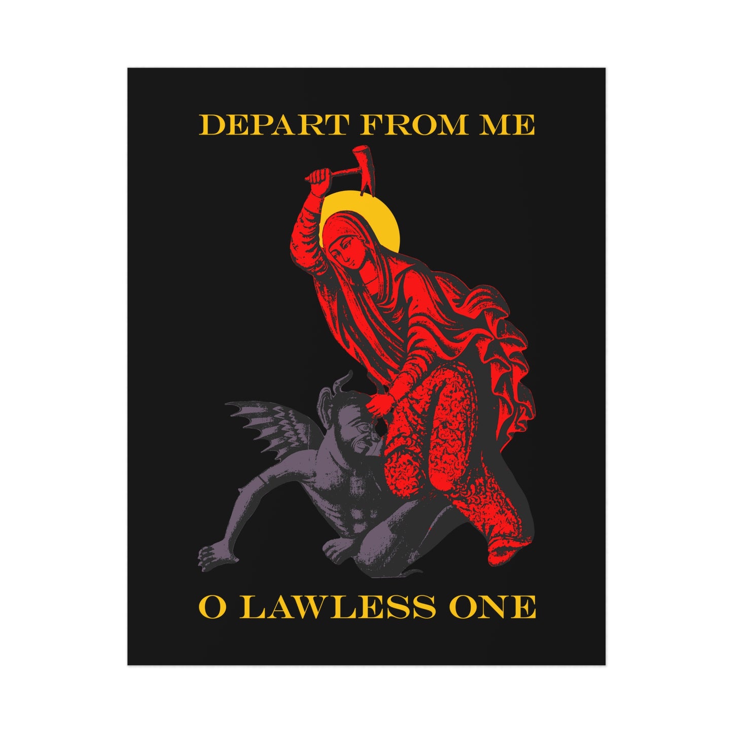 St Marina IconoGraphic (Depart from Me O Lawless One) | Saint Beating the Devil with a Hammer | Bestselling Orthodox Christian Art Poster