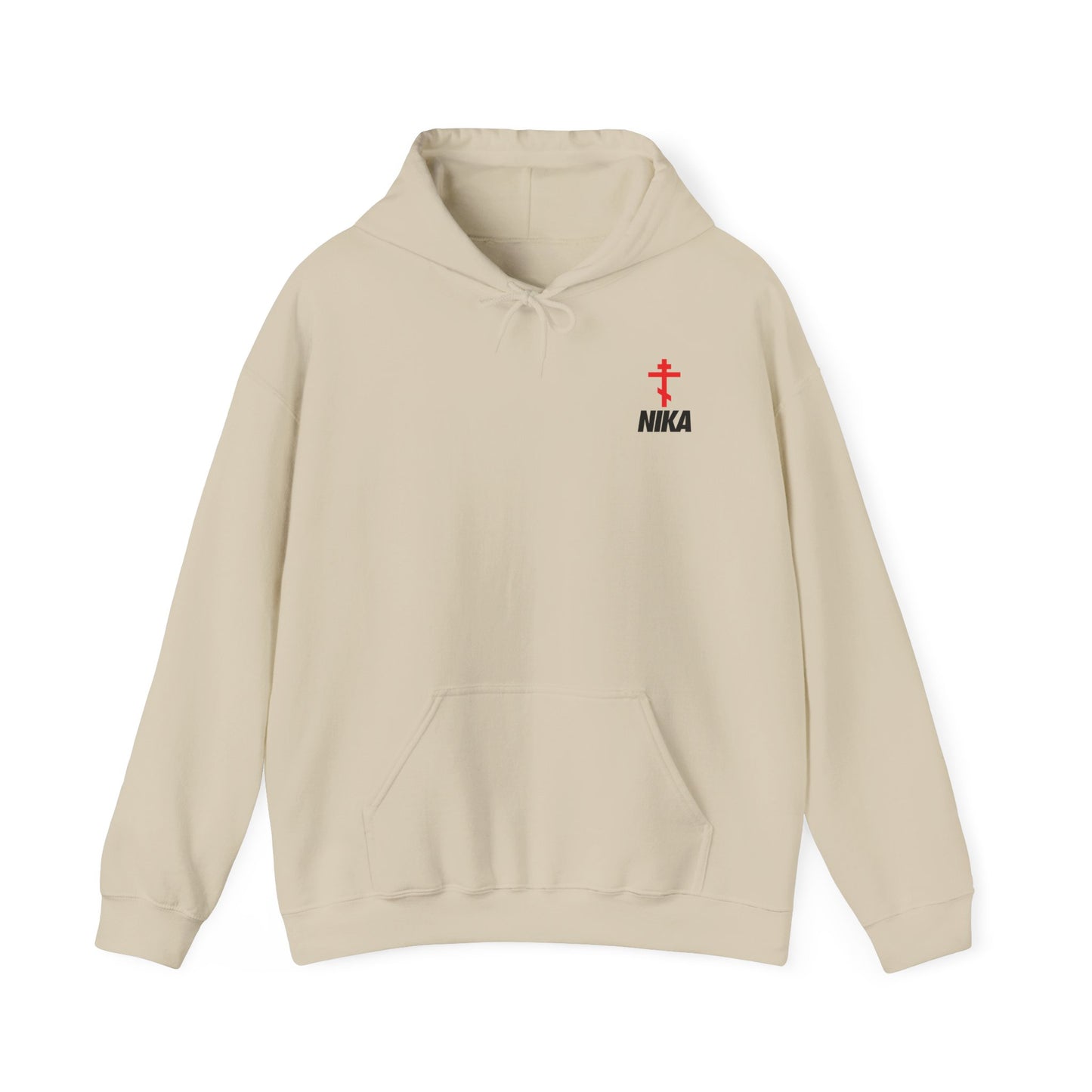 Sand-colored NIKA Orthodox Cross hoodie with small red cross and black NIKA on the left chest, inspired by Orthodox iconography. NIKE logo mashup. Jesus Christ Conquers. Athletic ascetic Christian activewear.