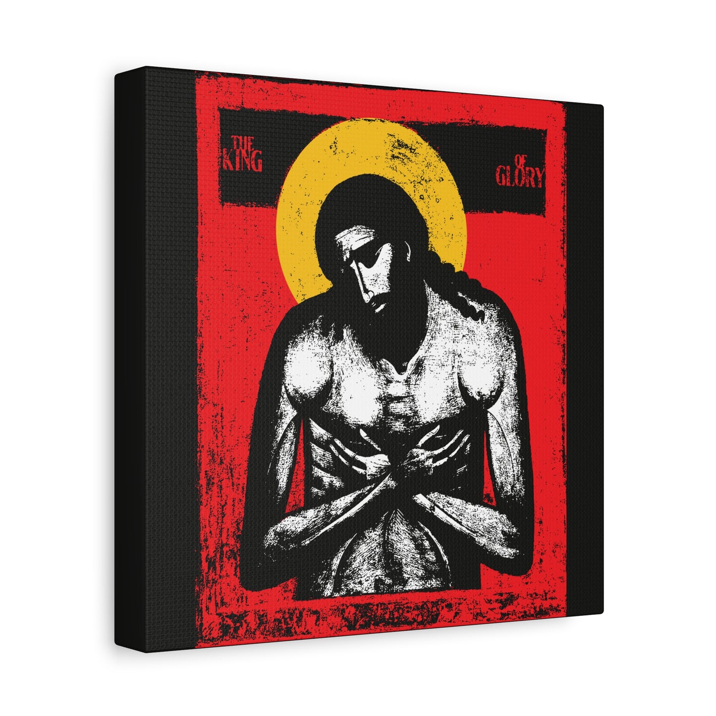 The King of Glory Jesus Christ "Extreme Humility" IconoGraphic features a stylized Christ with a yellow halo on a red background, "The King of Glory" text above, inspired by Isaiah 53. Christian devotional wall art in red, yellow, white, and black.