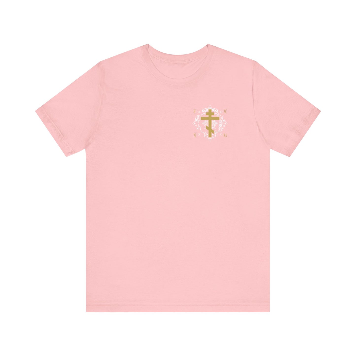 Gold Orthodox Cross ICXC NIKA (Small Design) | White Medieval Ornate Floral Pattern | Jesus Christ Conquers | Christian Unisex Tee