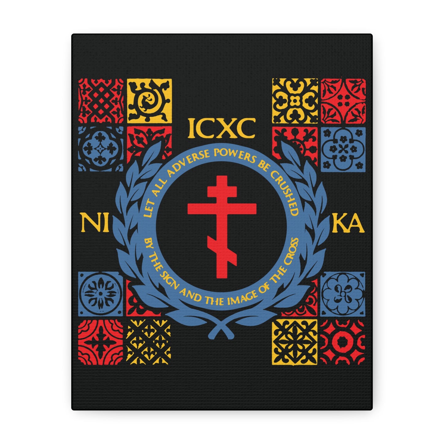Let All Adverse Powers Be Crushed (Red, Yellow & Blue Design) | ICXC NIKA | Medieval Tile Design | Orthodox Christian Canvas Art