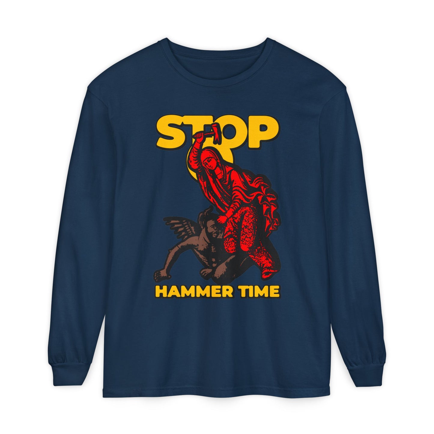 Navy long-sleeve shirt inspired by St Marina of Antioch beating the devil with a hammer; features red, blue, and yellow design with "STOP, HAMMER TIME" text—a modern Orthodox meme.