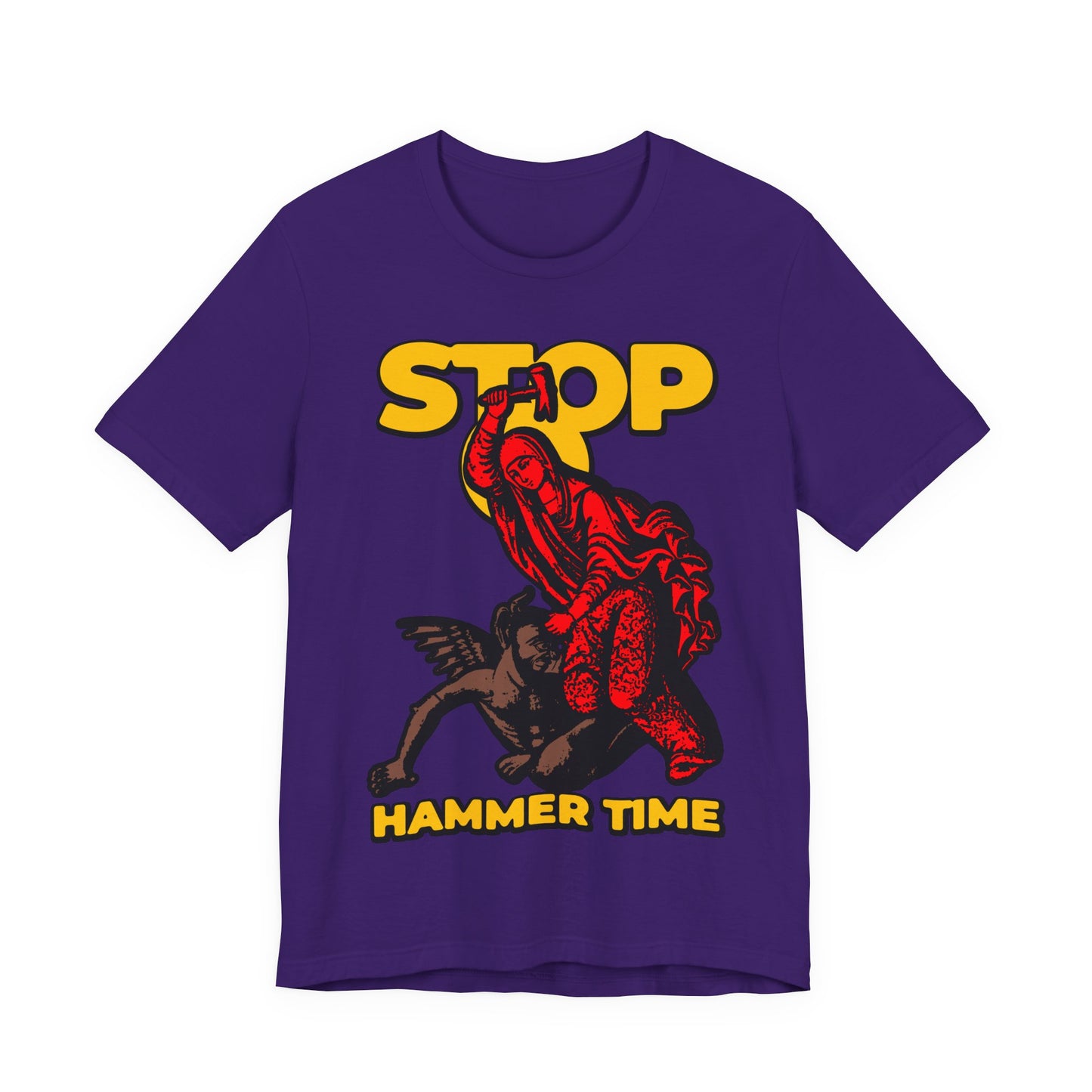 Unisex tee featuring St. Marina of Antioch beating the devil with a hammer, “Stop, Hammer Time” slogan, and bold red, blue, and yellow design—modern Orthodox Christian meme style.