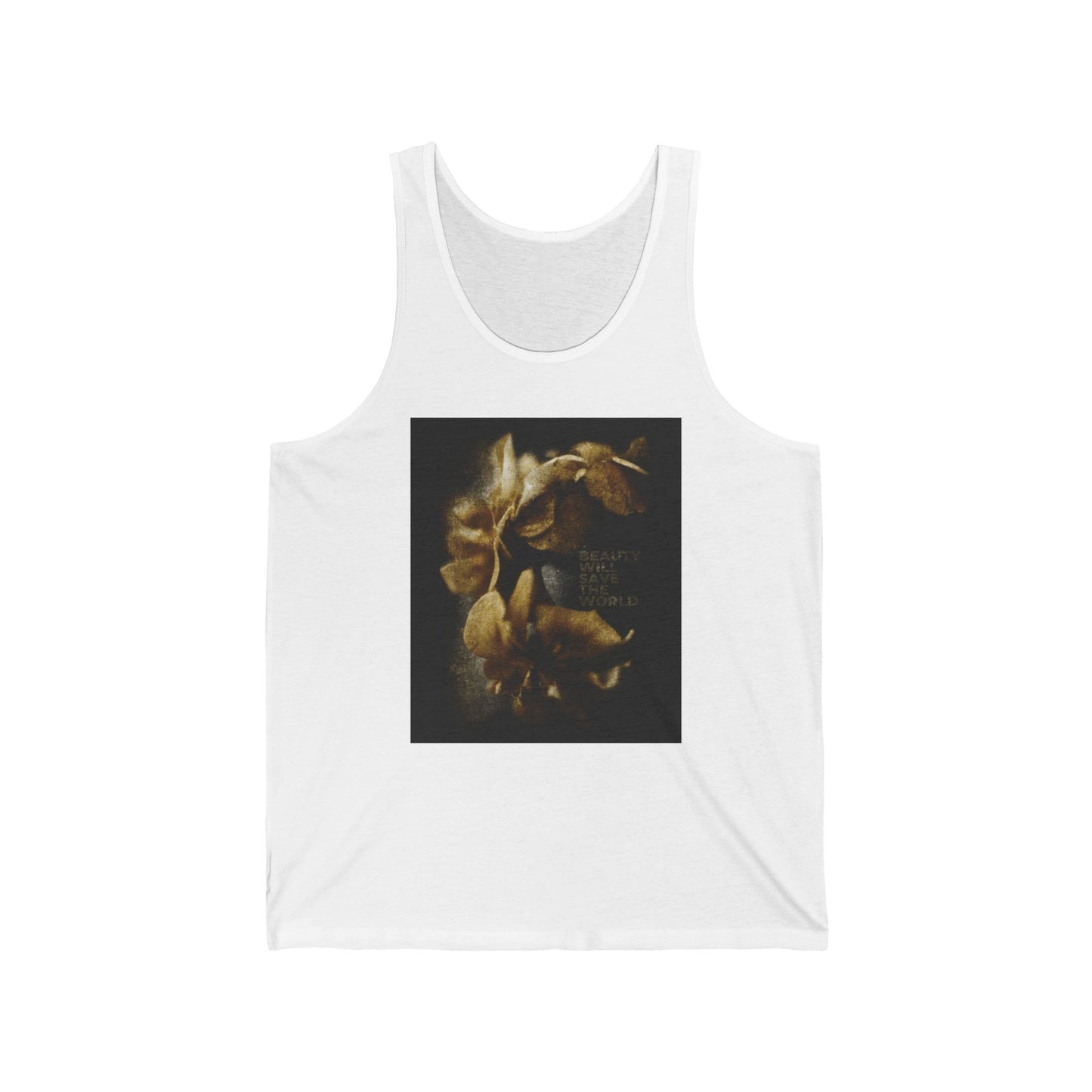 White tank top featuring "Beauty Will Save the World" and photographic artwork glorifying Jesus Christ, the Universal Creator & King, inspired by Dostoevsky. Christian faith-themed; color: white.