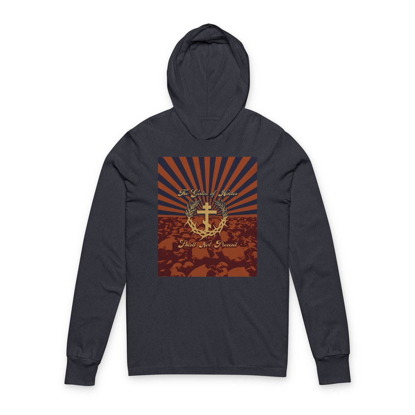 The Gates of Hades Shall Not Prevail | Cross with Wreath & Crown of Thorns | Skulls and Rays | Orthodox Long Sleeve Hooded Shirt
