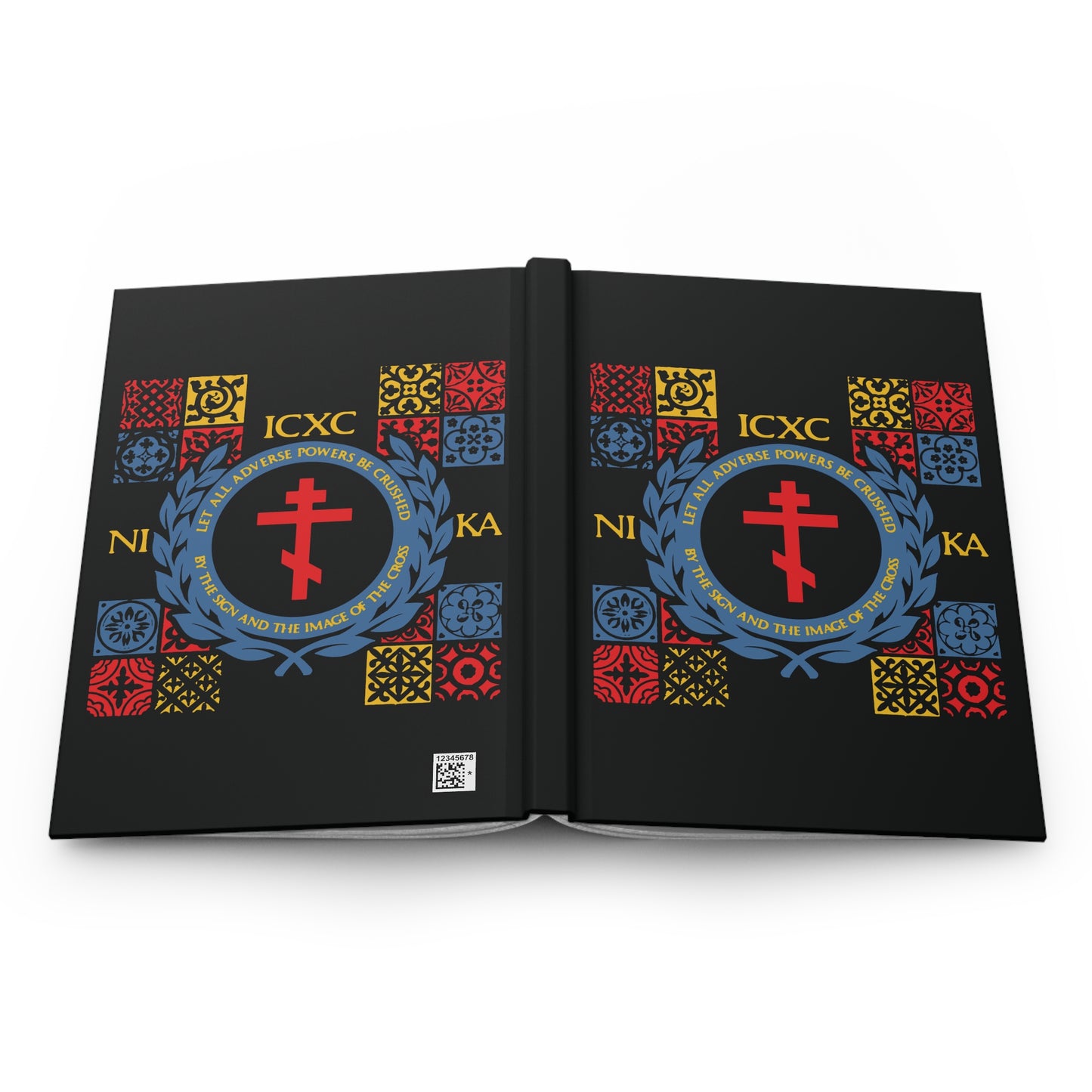 Let All Adverse Powers Be Crushed (Red, Yellow & Blue Design) | ICXC NIKA | Medieval Tile Design | Orthodox Christian Hardcover Journal
