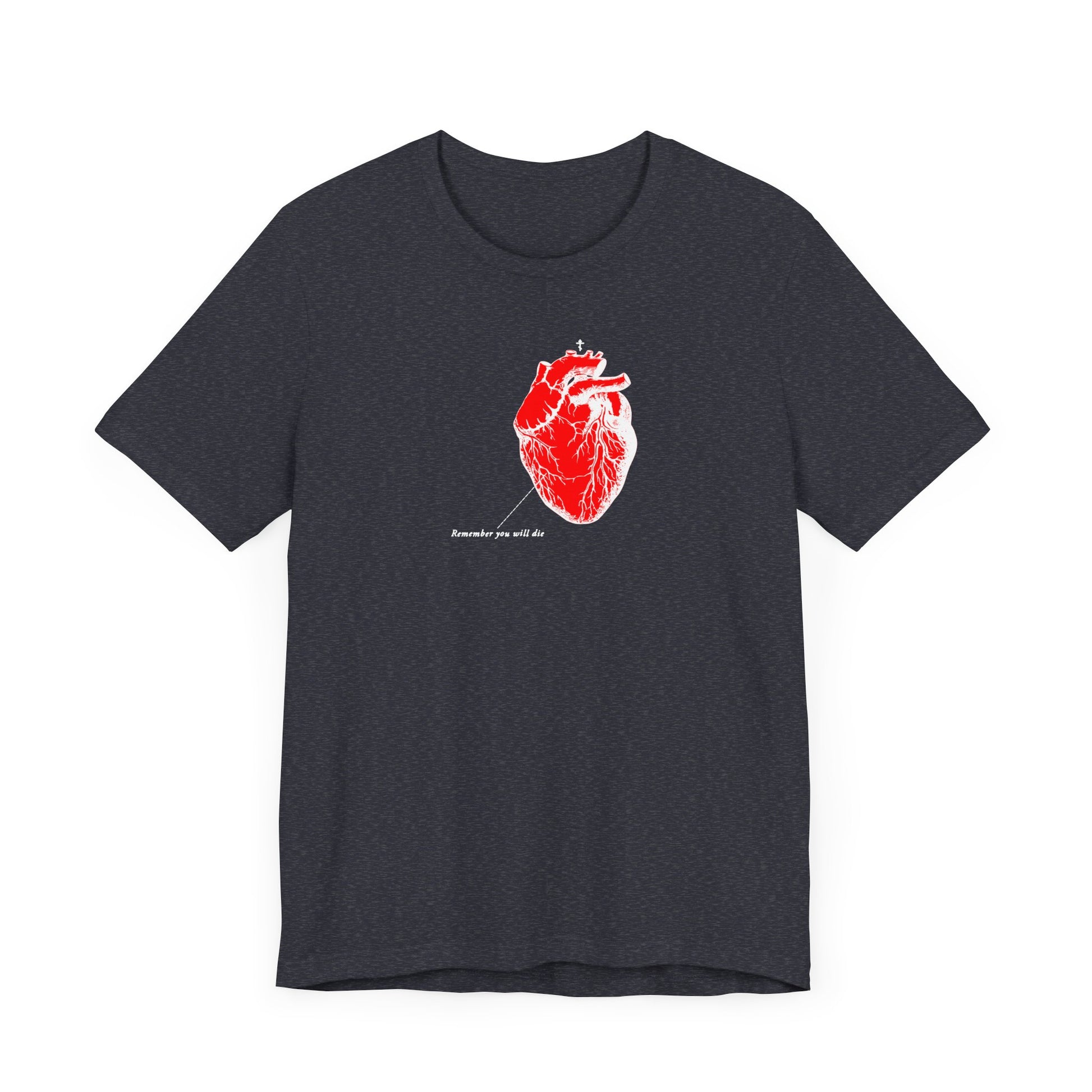 Discover the perfect fusion of style and comfort with our black Remember You Will Die t-shirt. It highlights a red anatomical heart illustration and white text, providing both a soft, durable feel. This retro medical design ensures high-quality wear with rich cotton softness.