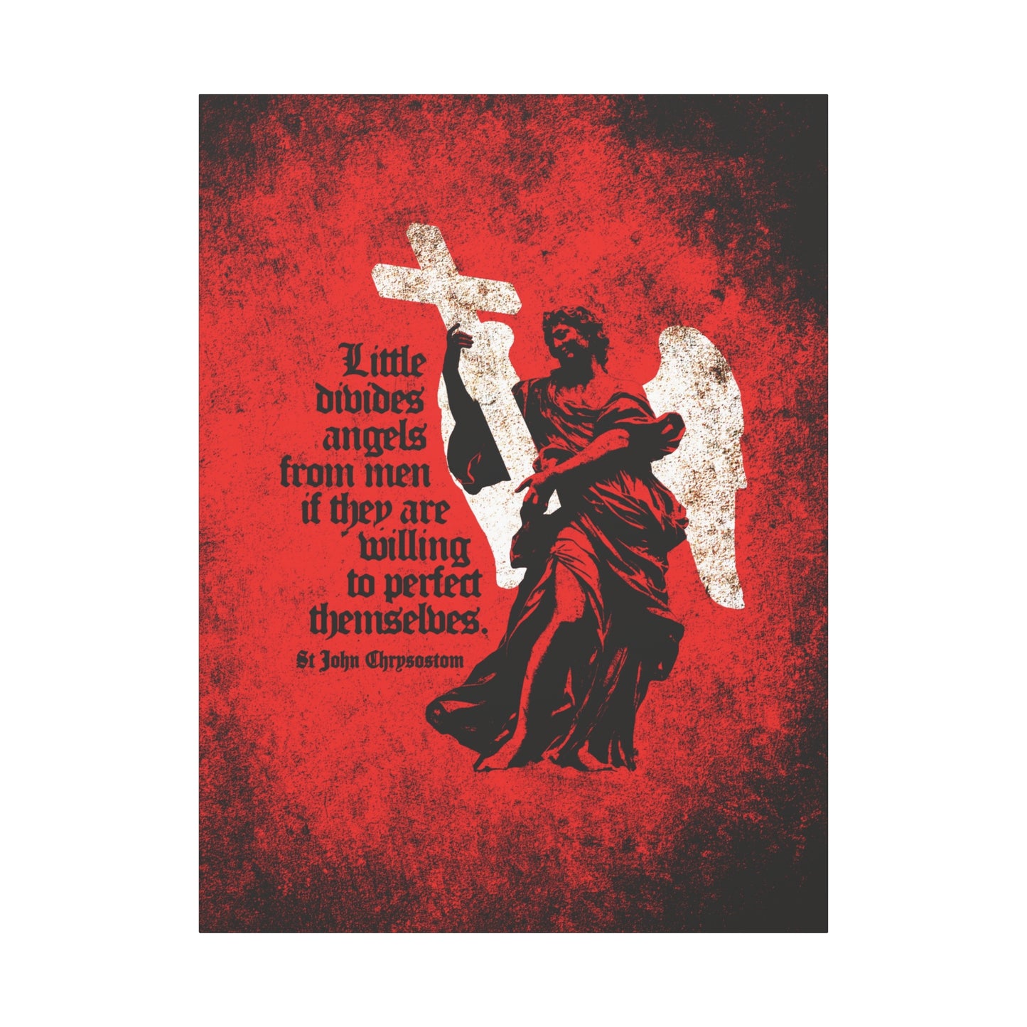 Little Divides Angels from Men" Orthodox Christian canvas art features a textured cemetery angel, cross, and "Be ye holy" quote on a red grunge background, inspired by St. John Chrysostom and reflecting Christian faith.