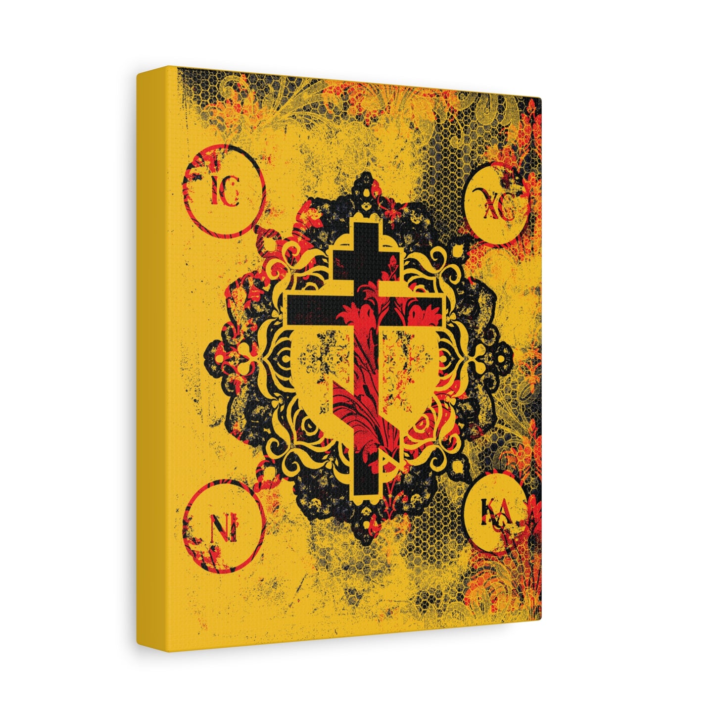IC XC NIKA Orthodox Cross | Yellow & Red Modern & Medieval Textured Floral Design | Orthodox Christian Canvas Art