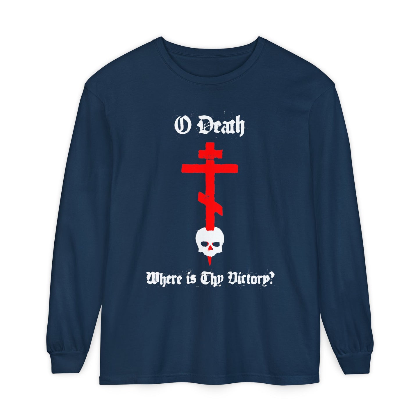 O Death Where is Thy Victory? 1 Cor 15:55 | Cross Stabbing Skull | Spraypaint Aesthetic | Orthodox Christian Long Sleeve Shirt