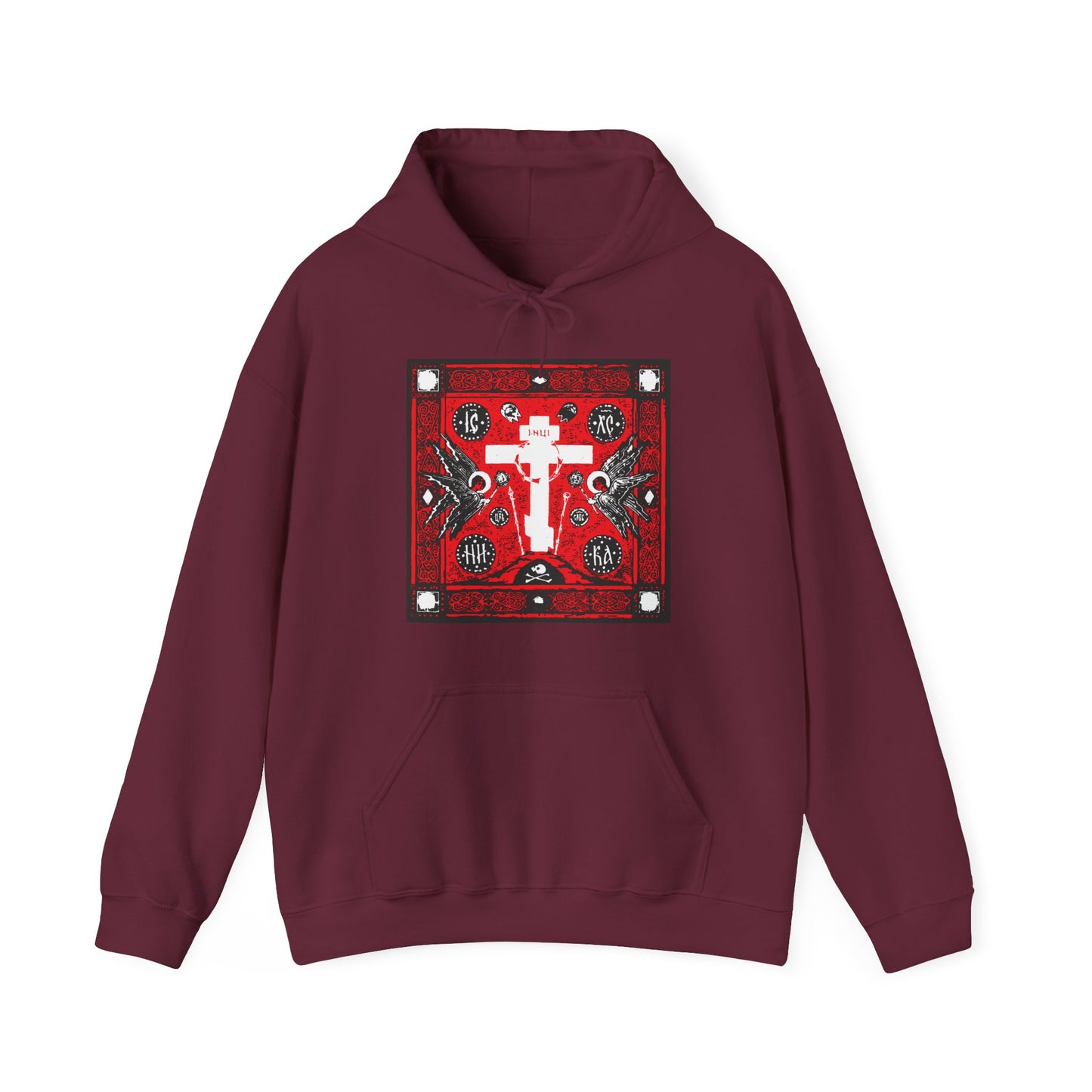 Adoration of Holy Cross IconoGraphic | Striking Red, White, & Black Russian Cross Design w Angels | Orthodox Christian Hoodie 2