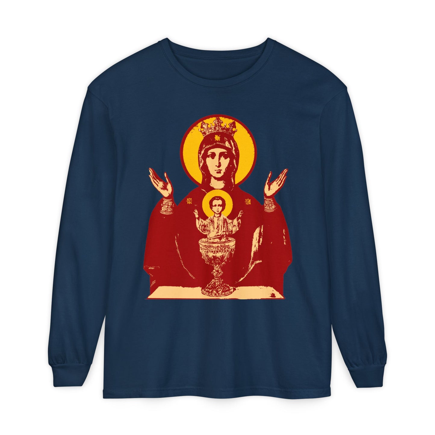 True Navy long sleeve featuring the Holy Theotokos IconoGraphic of the Inexhaustible Chalice—Deliverer from Addictions, Conquer Passions—in red, yellow, and beige tones. Orthodox Christian design.