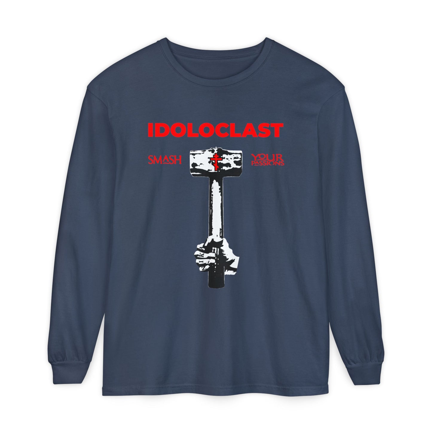 A midnight long-sleeve shirt featuring a hand gripping a sledgehammer with the word IDOLOCLAST, inspired by Orthodox Christian asceticism; from the Idoloclast Idol-Smasher collection.