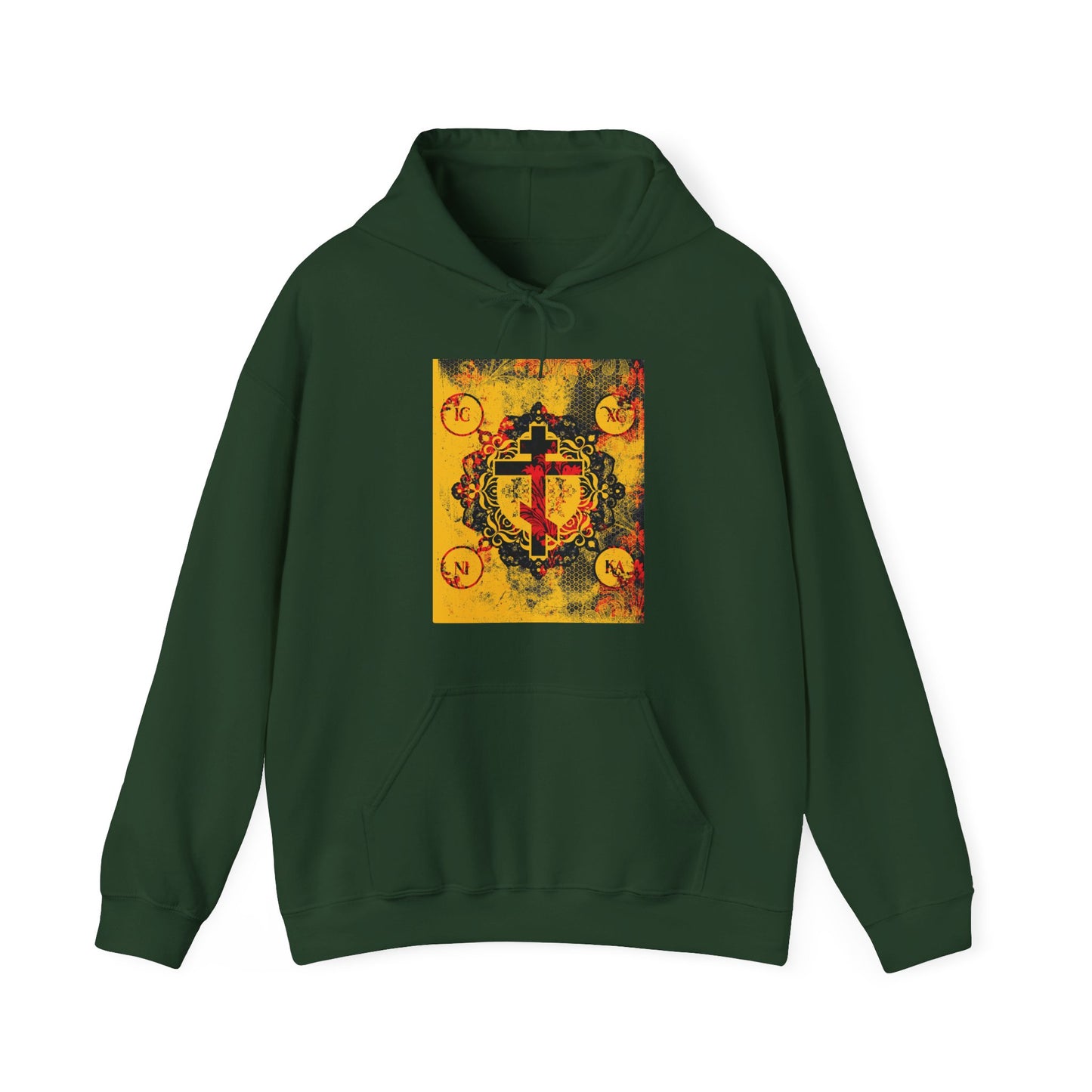 IC XC NIKA Orthodox Cross | Yellow & Red Modern & Medieval Textured Floral Design | Orthodox Christian Hoodie