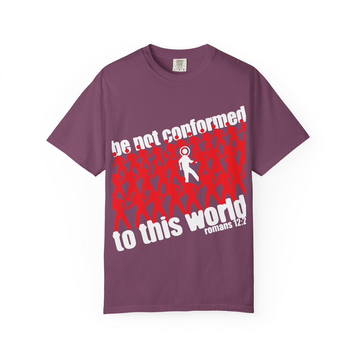 Berry T-shirt featuring red silhouettes and white text: “be not conformed to this world, Romans 12:2.” Inspired by Romans 12:1-2, this Orthodox Christian heavyweight cotton unisex tee, titled “Be Not Conformed to This World (Romans 12:2) | Reject the Modern World,” encourages the renewing of your mind as part of your rational worship.
