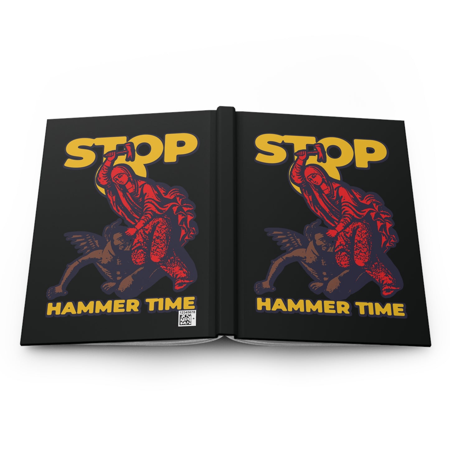 Book cover featuring St Marina of Antioch beating the devil with a hammer. Bold yellow text: STOP HAMMER TIME. Modern Orthodox meme in red, blue, and yellow. Christian journal design inspired by early saints.