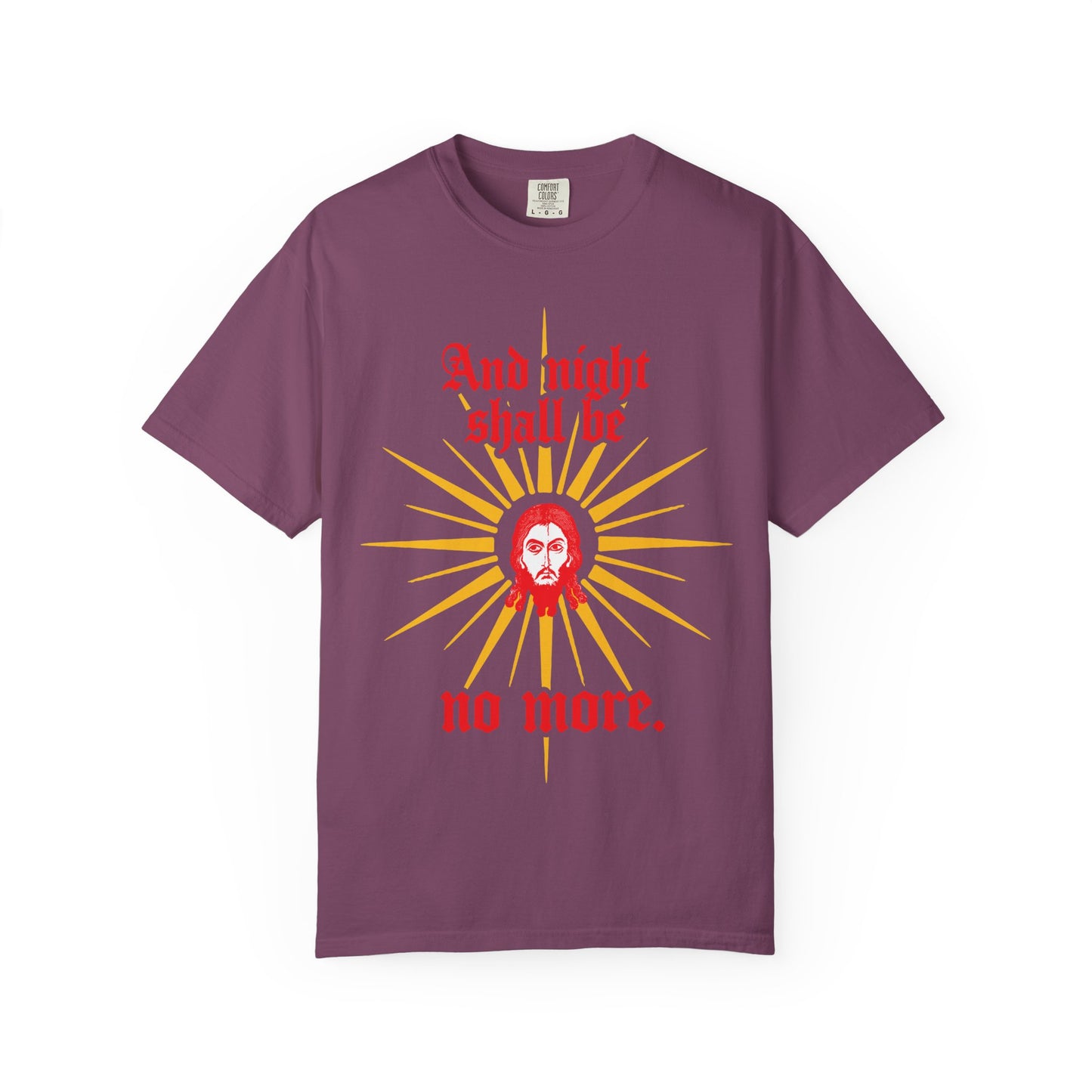 And Night Shall Be No More | Rev 22:5 | Jesus Christ Mandylion IconoGraphic | Gothic Text | Orthodox Christian Heavyweight Cotton Unisex Tee