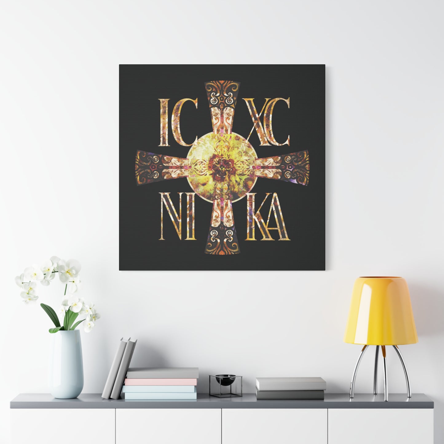 ICXC NIKA Celtic Style Equal Armed Cross | Bright Solar Texture | Orthodox Christian Canvas Art