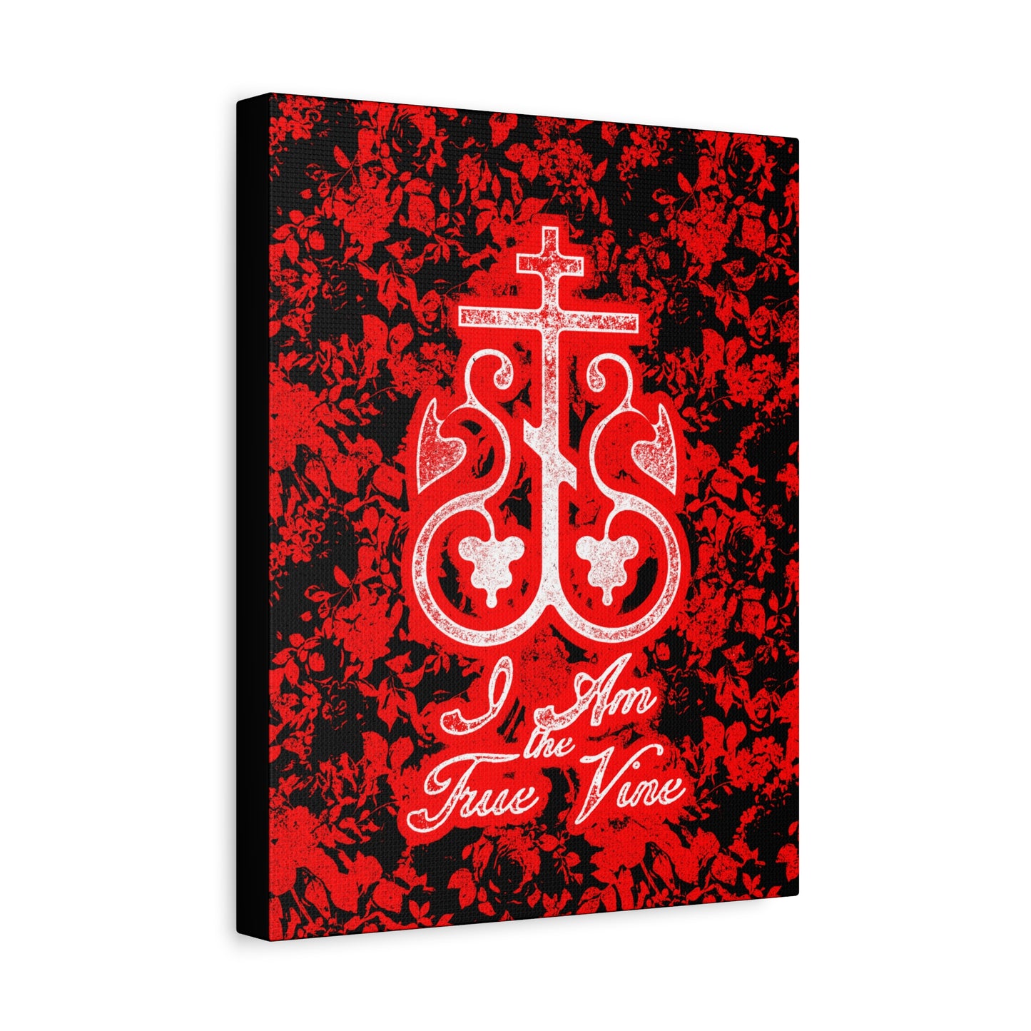 I Am the True Vine (John 15:1) | Orthodox Cross Vine Monogram | Red and Black Floral Design | Orthodox Christian Canvas Art