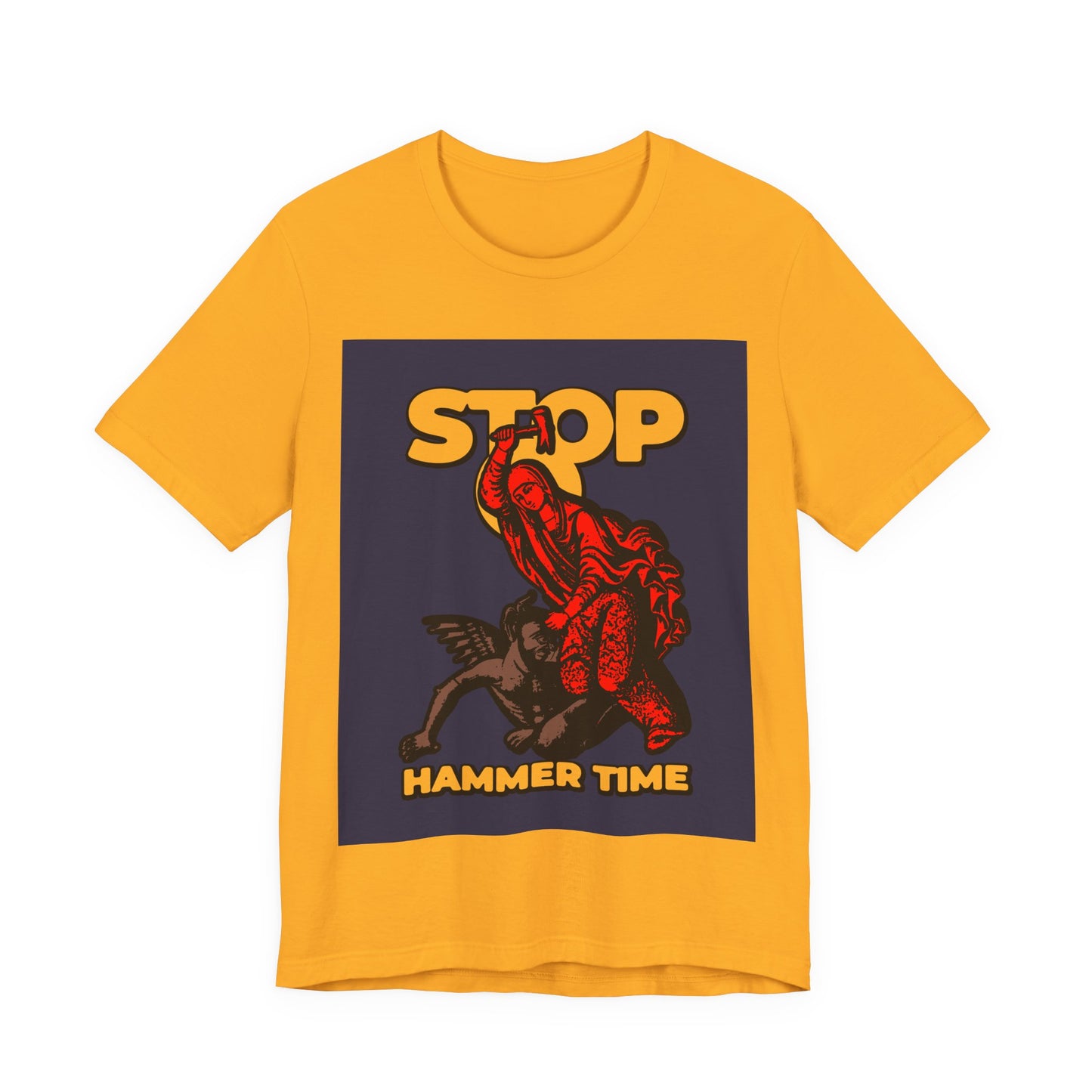 Bright yellow unisex tee featuring St. Marina of Antioch beating the devil with a hammer above "Stop, Hammer Time" text; a modern Orthodox meme in red, blue, and yellow.