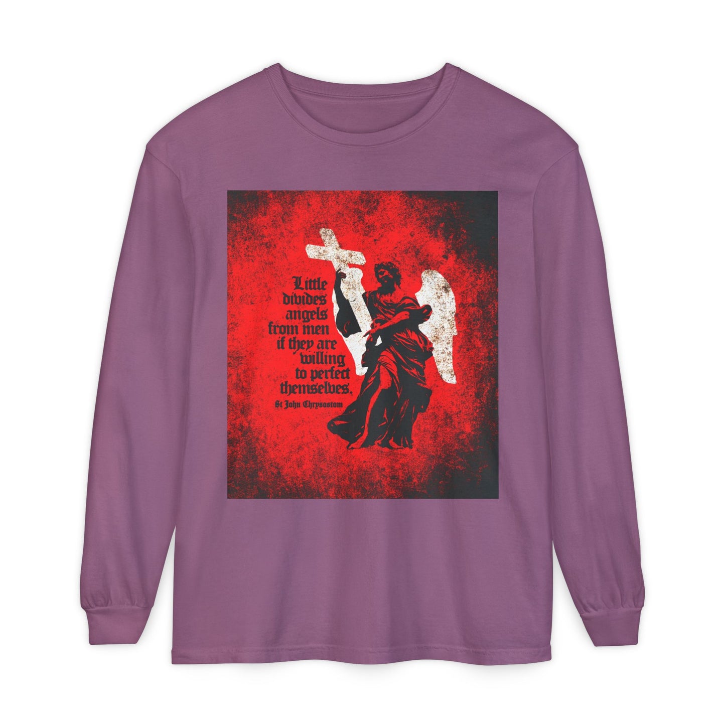 Little Divides Angels from Men | Christian Perfection | St John Chrysostom | Textured Cemetery Angel | Orthodox Christian Long Sleeve Shirt