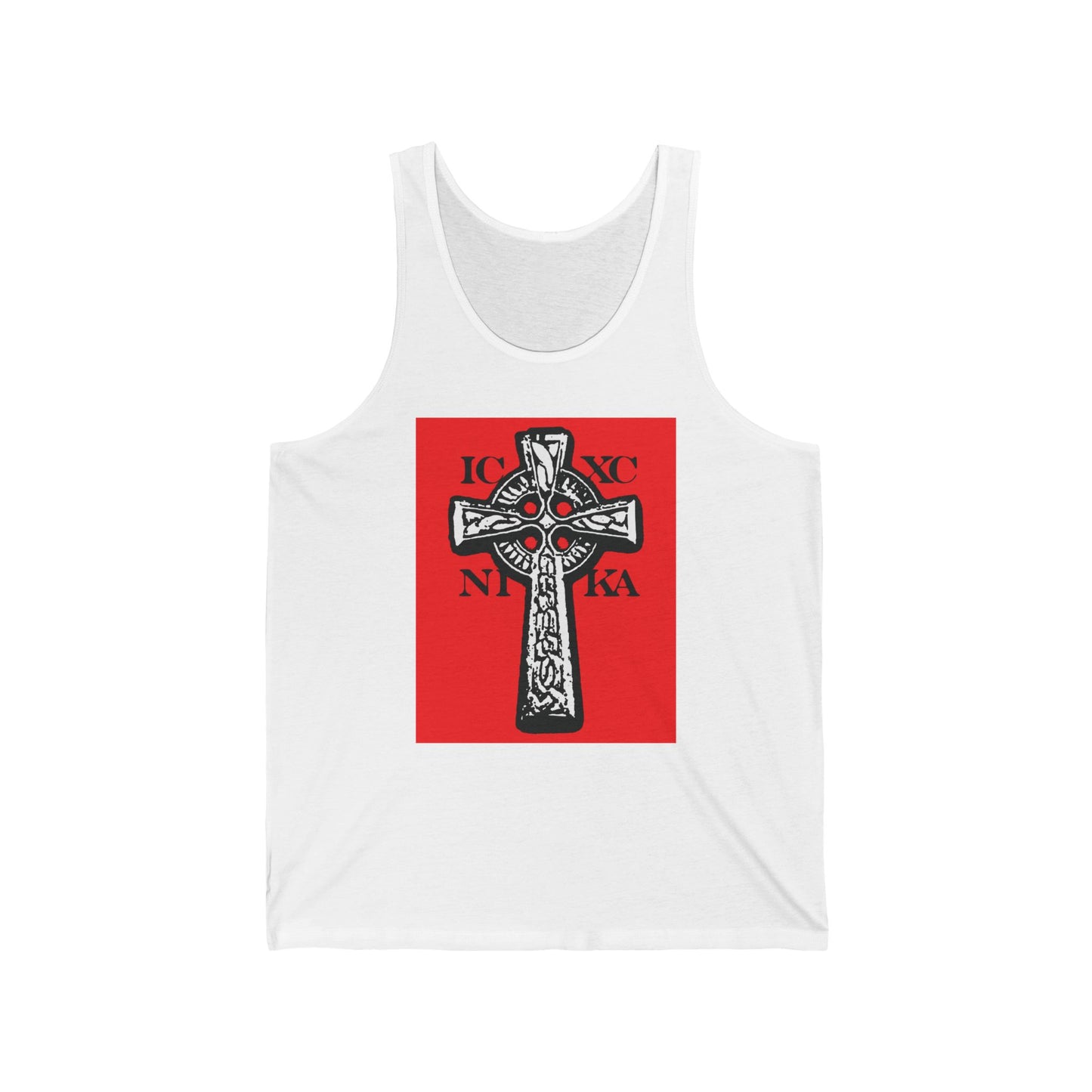 White ICXC NIKA Celtic Knotwork Cross tank top featuring a black and white cross on a red background with Greek letters encircling the design—a traditional Orthodox Christian symbol, boldly displaying "Jesus Christ Conquers.