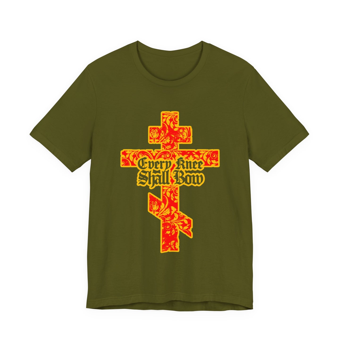Olive green unisex tee featuring a gold and red floral Orthodox cross with gothic "Every Knee Shall Bow" text, inspired by Isaiah 45:22-24 and Philippians 2:7-11.
