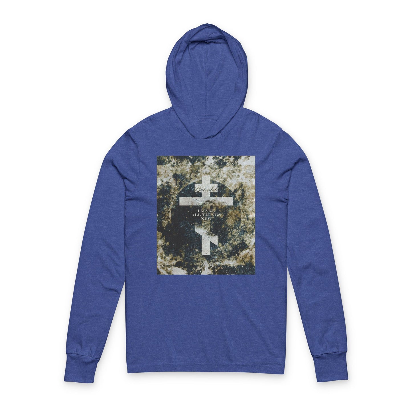Behold, I Make All Things New | Revelation 21:5 | Cosmic Textured Orthodox Cross | Parousia | Orthodox Long Sleeve Hooded Shirt