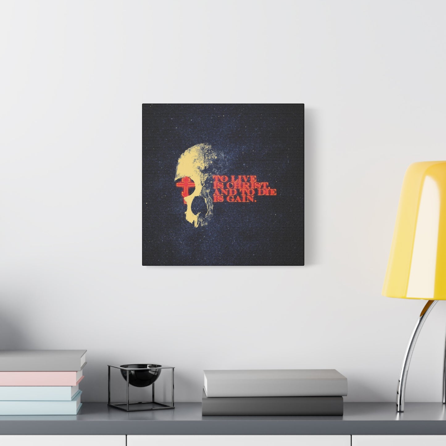 To Live is Christ and to Die is Gain | Phil 1:21 | Retro Texture | Glowing Letters and Cross with Skull | Orthodox Christian Canvas Art