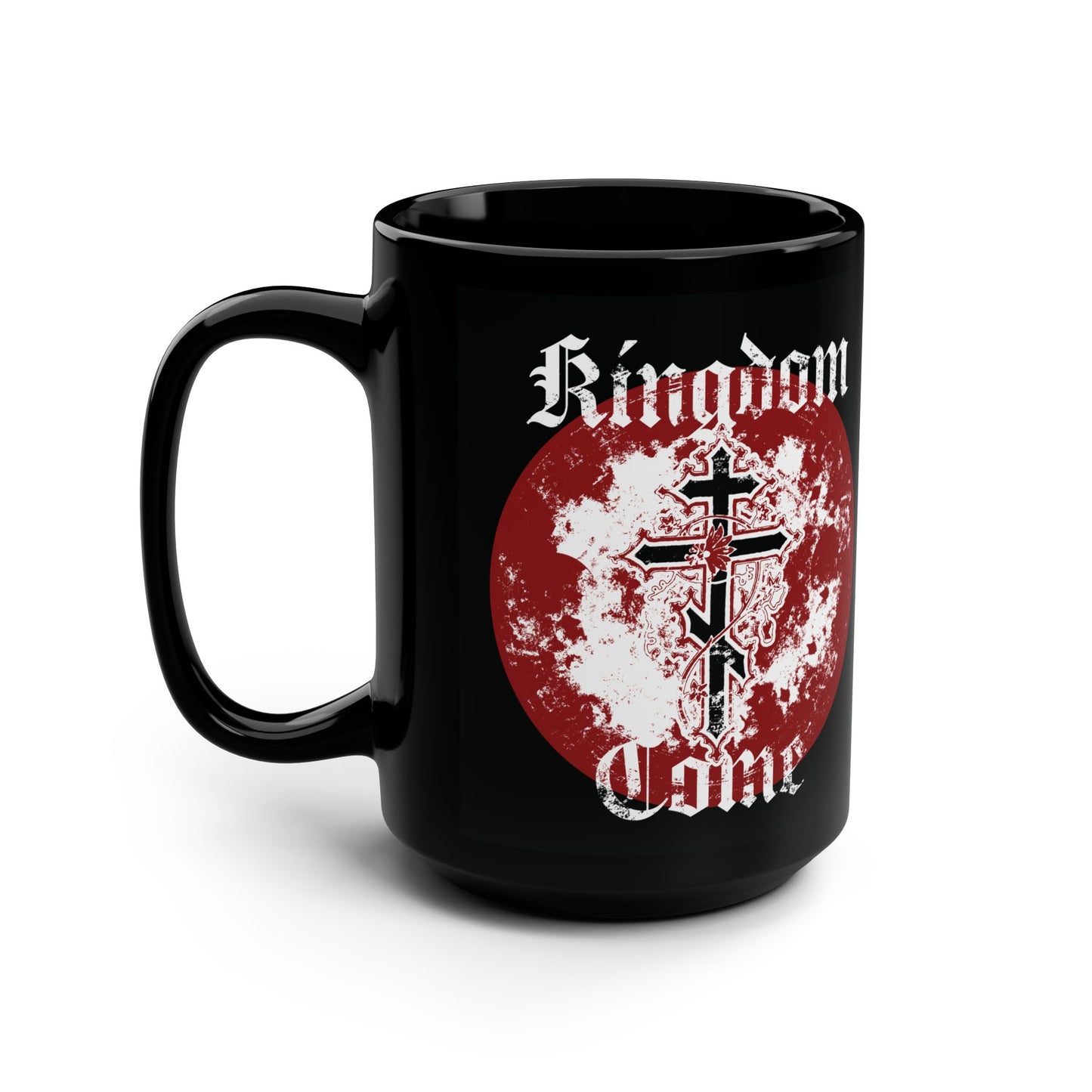 Kingdom Come | Lord's Prayer | Orthodox Cross with Vine | Textured Gothic Font | Orthodox Christian Black Mug