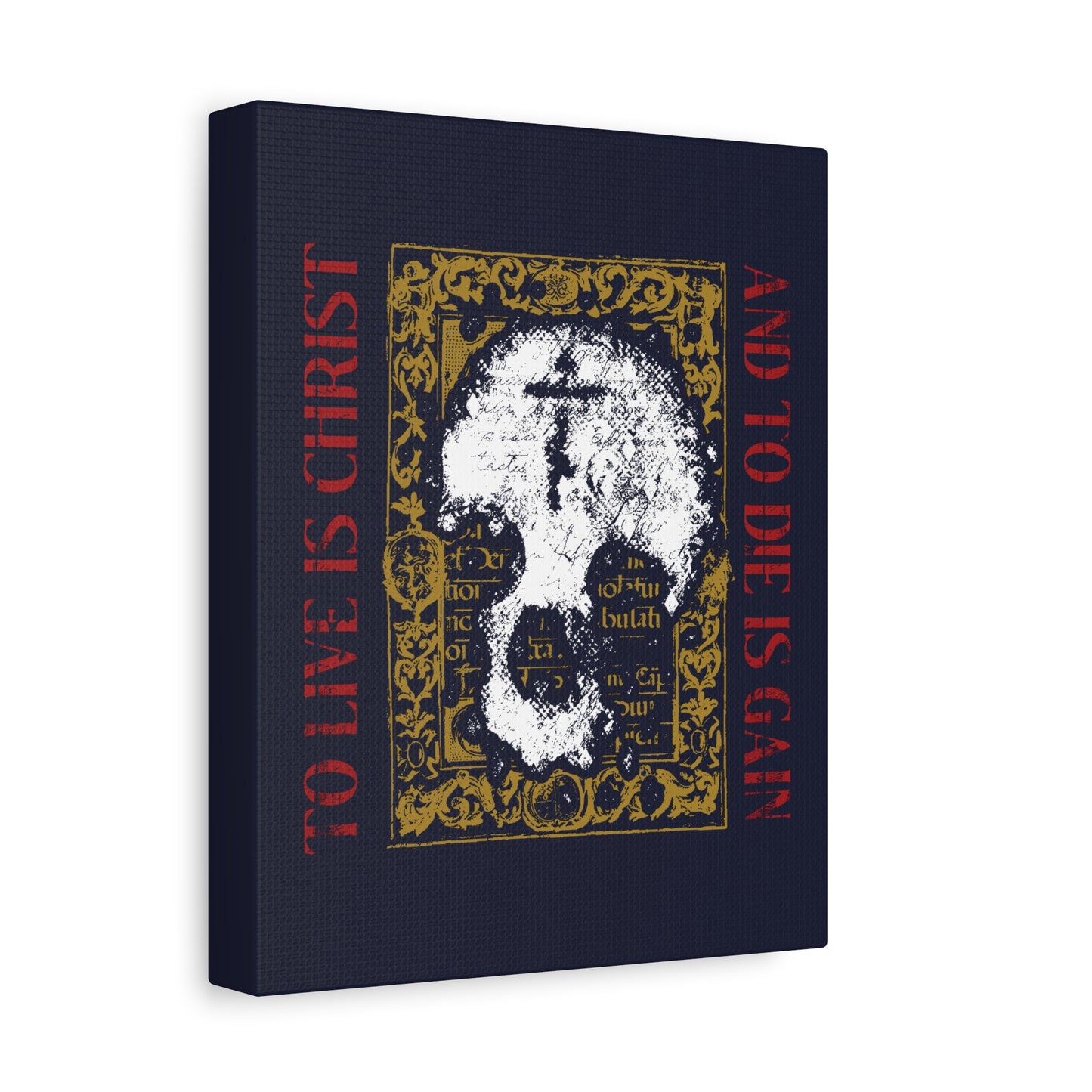 To Live is Christ, to Die is Gain (Philippians 1:21) | Skull with Cross on Gold Manuscript Texture | Orthodox Christian Canvas Art