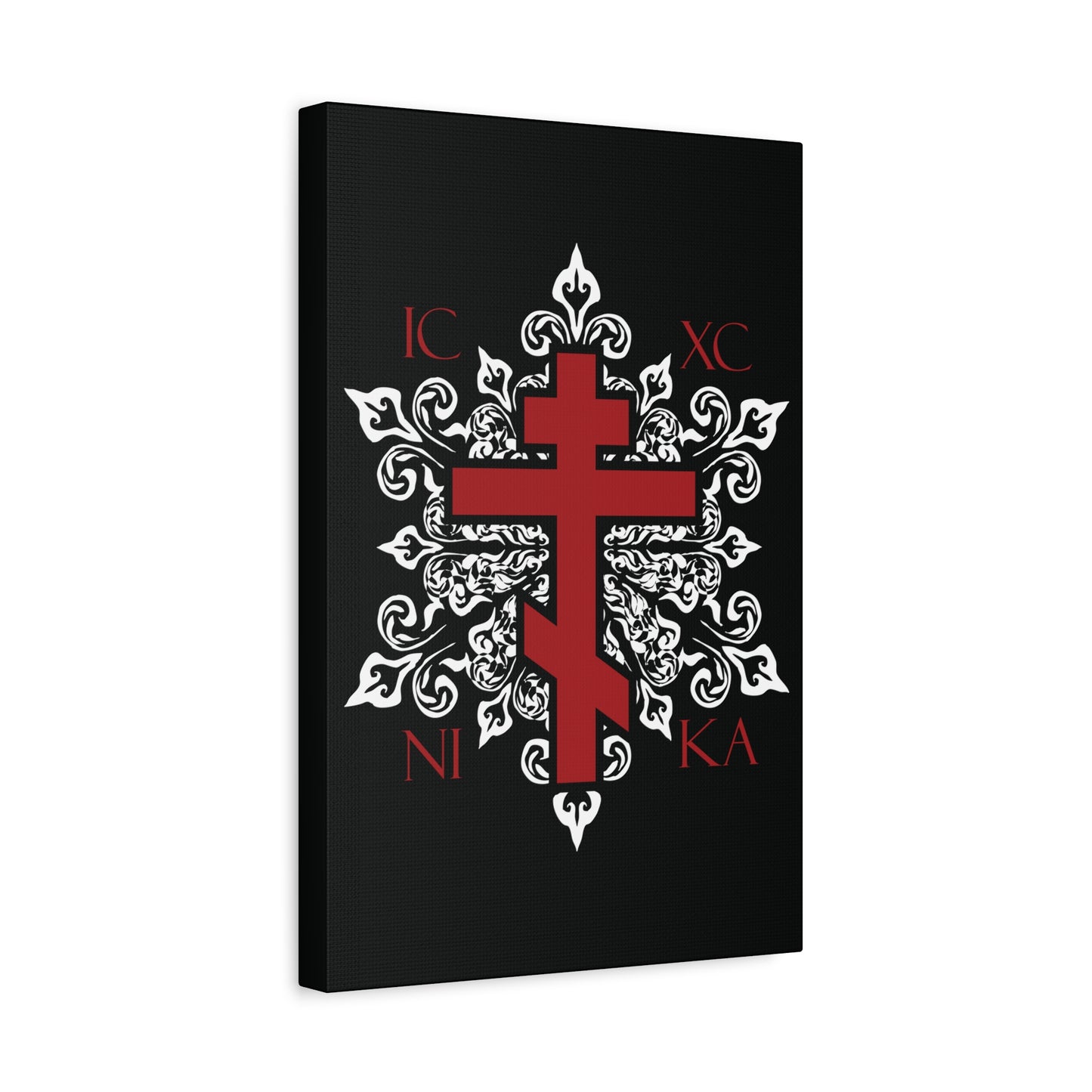 ICXC / NIKA Red Orthodox Cross on Ornate White Medieval Floral Design | Exclusive Best-Selling | Orthodox Christian Canvas Art