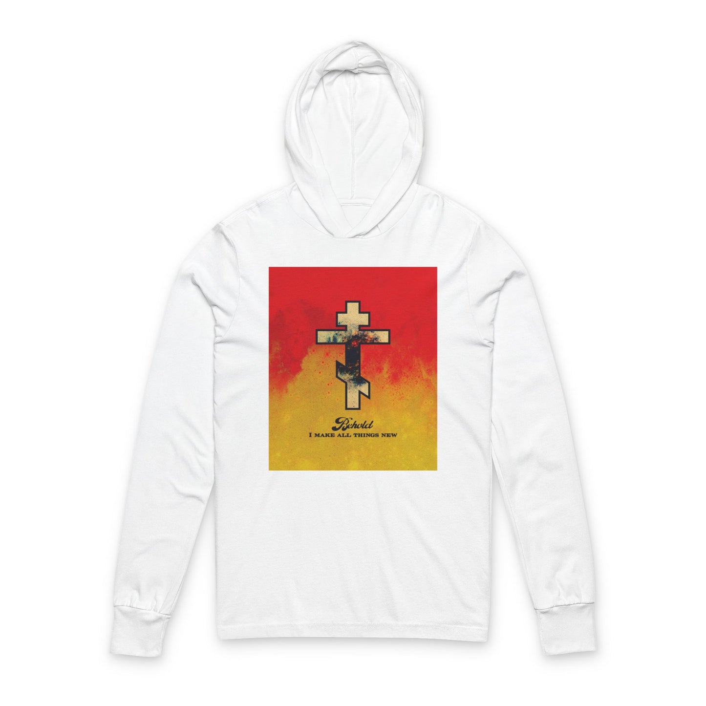 Behold, I Make All Things New (Revelation 21:5) | Cosmic Orthodox Cross on Red and Yellow Background | Orthodox Long Sleeve Hooded Shirt