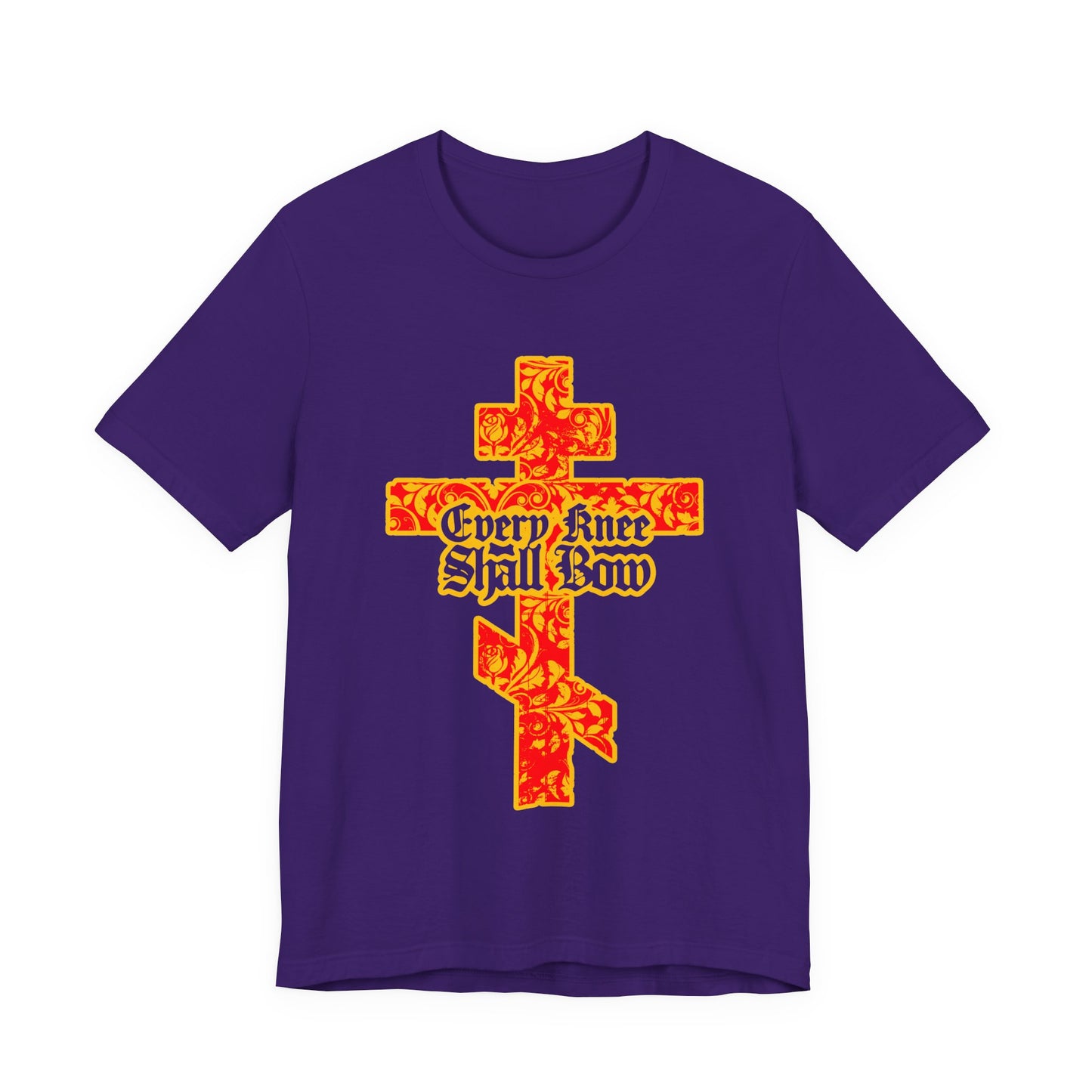 Unisex "Every Knee Shall Bow" Christian tee features a gold and red floral Orthodox cross with gothic lettering, inspired by Isaiah 45:22–24 and Philippians 2:7–11.
