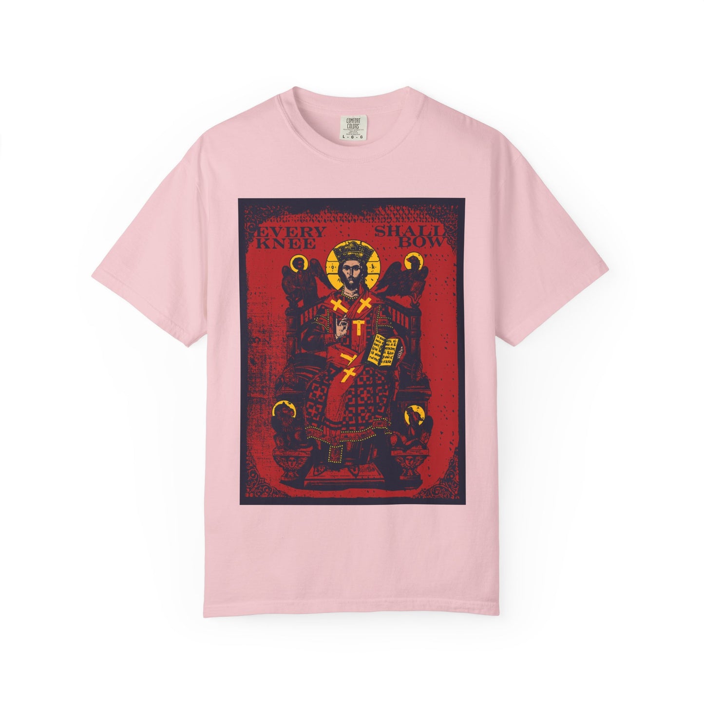 Blossom heavyweight unisex tee featuring a Christ Enthroned iconographic knight and "Every Knee Shall Bow" (Phil 2:8-11, Isaiah 45:23), inspired by Ezekiel's Chariot.
