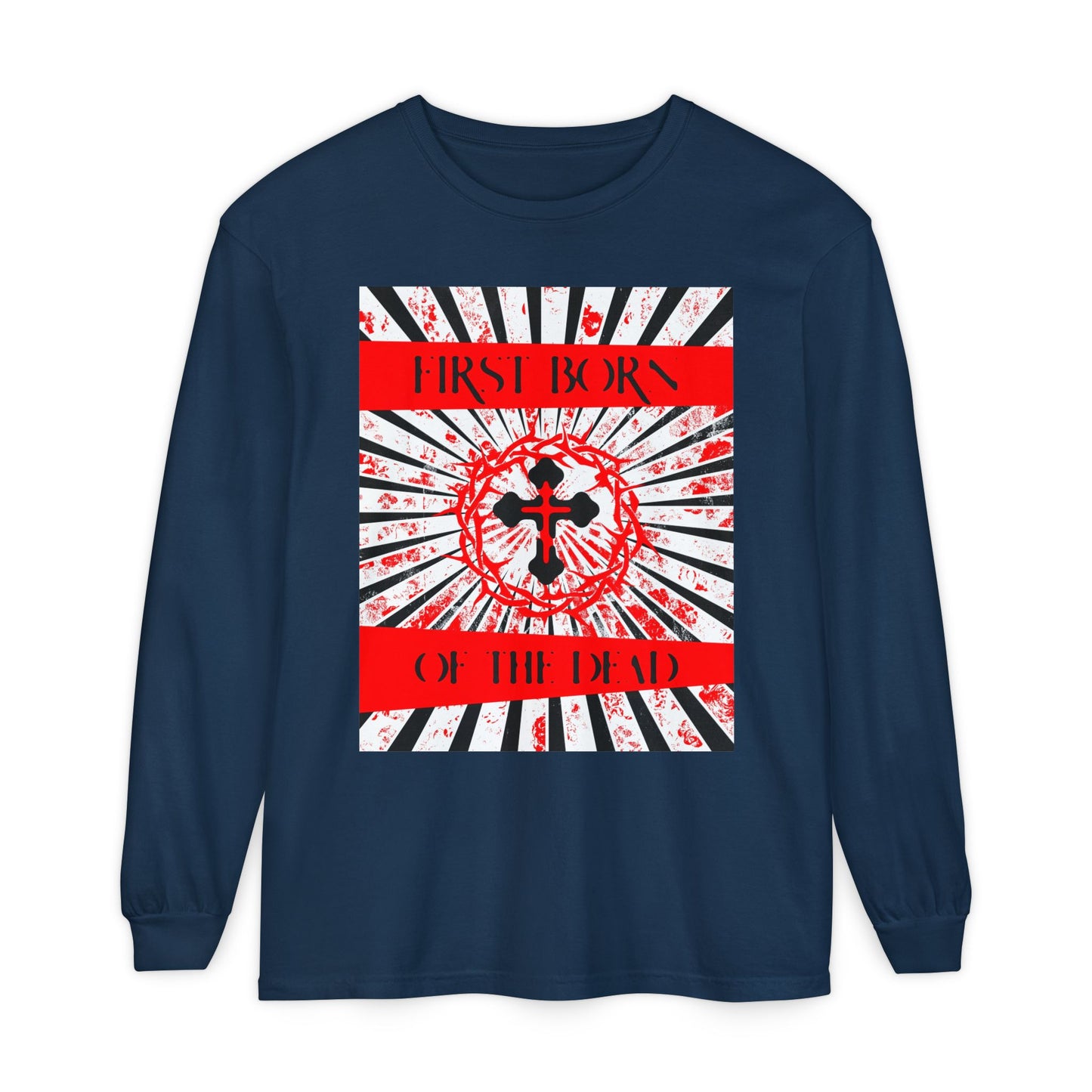 First Born of the Dead | Orthodox Cross and Crown of Thorns | Red White and Black Textured Design with Rays | Orthodox Christian Long Sleeve Shirt