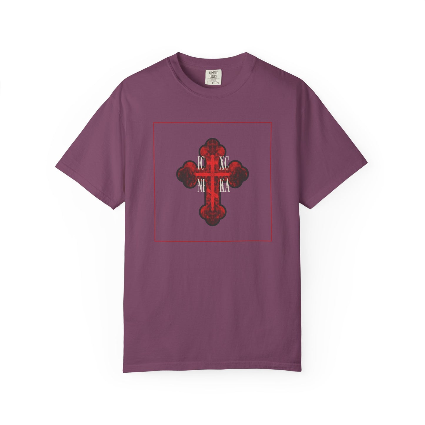 Berry "ICXC NIKA Red Glowing Ornate Textured Orthodox Cross" heavyweight cotton unisex tee featuring a red glowing Orthodox Cross and Greek letters within a square on the chest, symbolizing salvation and the sanctification of the faithful.