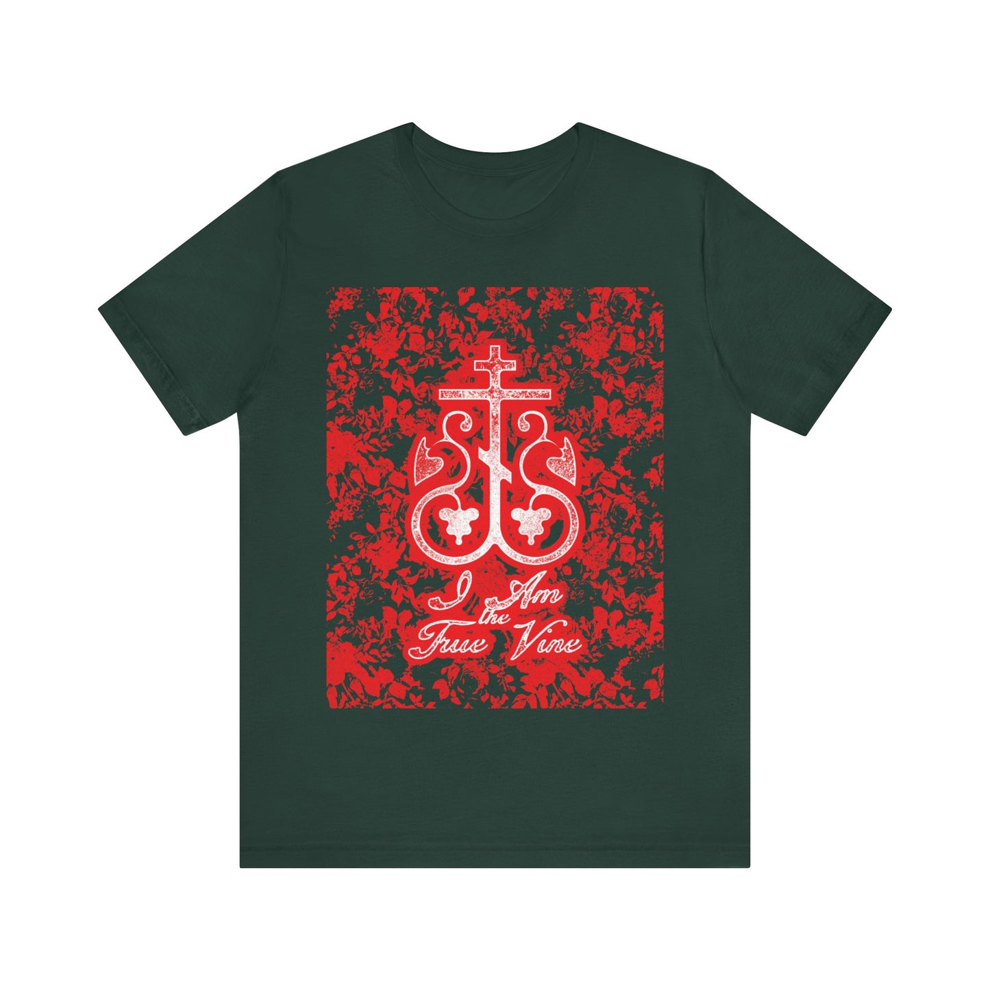 I Am the True Vine (John 15:1) | Orthodox Cross Vine Monogram | Red and Black Floral Design | Orthodox Christian T-Shirt