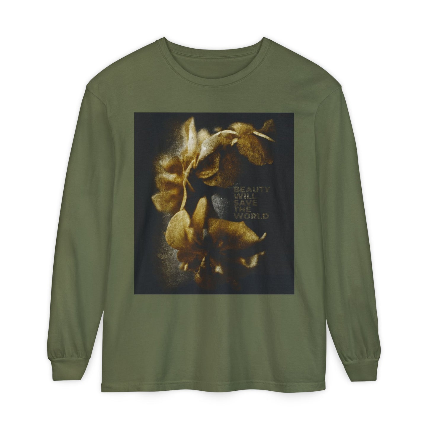 Hemp-colored long-sleeve shirt, "Beauty Will Save the World | Dostoevsky," features photographic artwork glorifying Jesus Christ as Universal Creator & King—a unique Christian style statement.