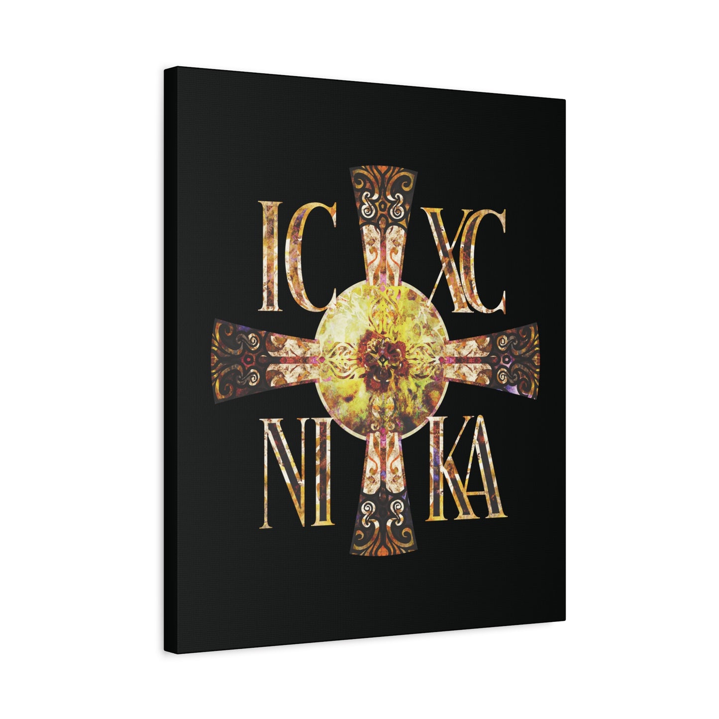 ICXC NIKA Celtic Style Equal Armed Cross | Bright Solar Texture | Orthodox Christian Canvas Art