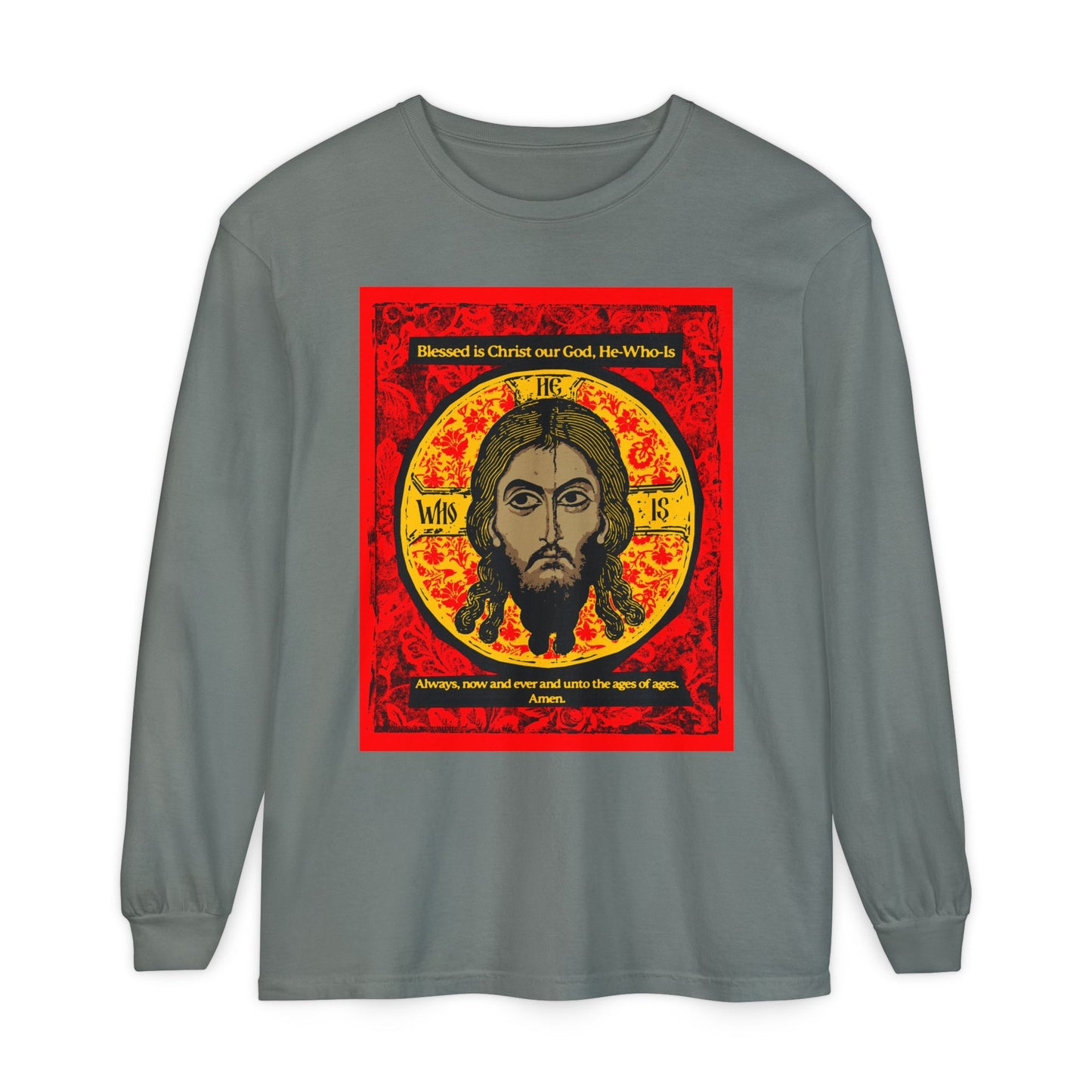 The "Made Without Hands" long-sleeve shirt by Remembrance of Death features a bold red, black, and yellow icon of Jesus Christ (Mandylion) with ornate decorations and the text: "Blessed is Christ our God, He-Who-Is.