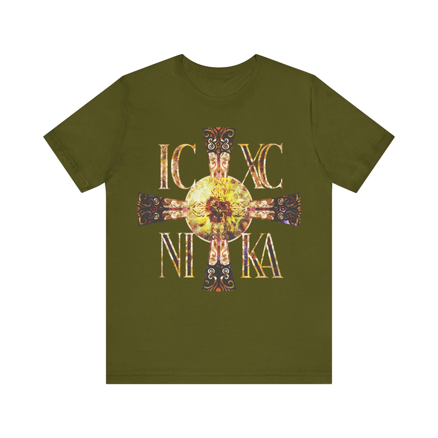 ICXC NIKA Celtic Style Equal Armed Cross | Bright Solar Texture | Orthodox Christian T-Shirt