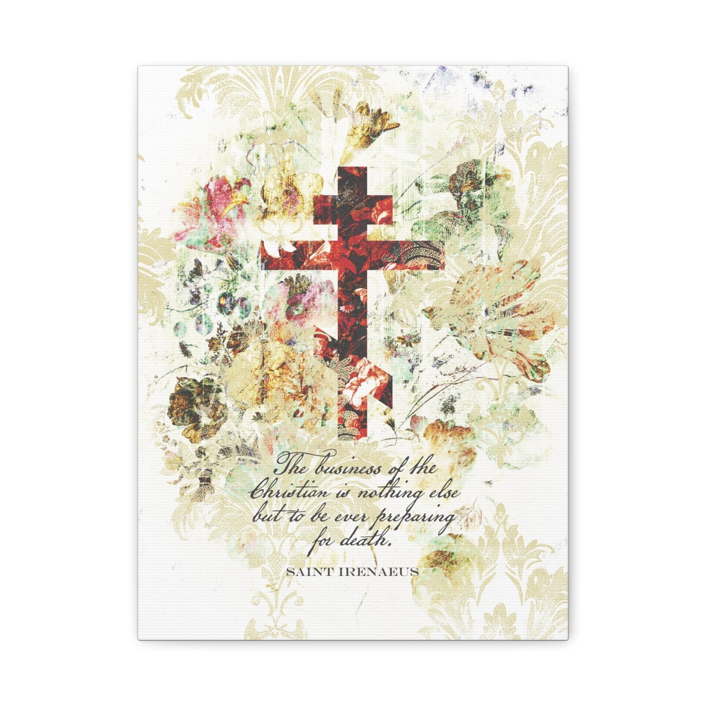 Preparing For Death | White & Beige Floral Scrapbook Texture Cross | Arts & Crafts Style | St Irenaeus | Orthodox Christian Canvas Art